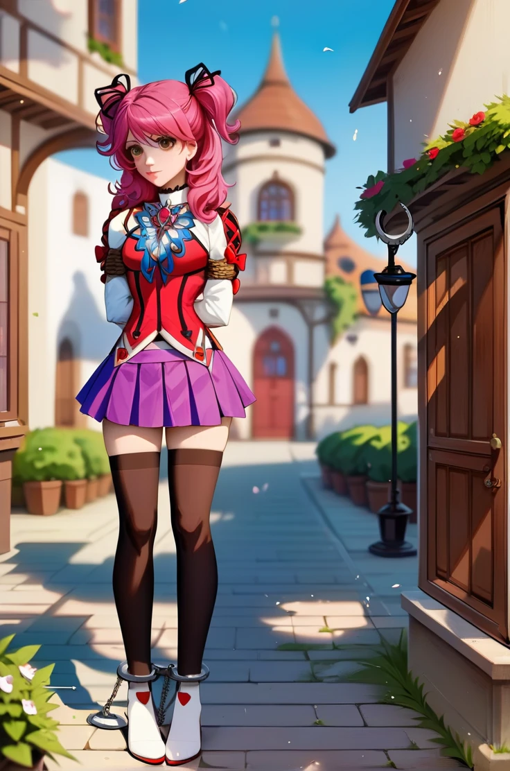 score_9, score_8_up, score_7_up, very aesthetic, source_anime, detailed, high quality, beautiful, masterpiece, detailed eyes,
village, blurry background,
Full body, close up,
cheria barnes, pink hair, brown eyes, twintails, two side up, medium hair,
thighhighs, brooch, long sleeves, puffy sleeves, purple skirt, jewelry, black thighhighs, white footwear, (wide sleeves:0.7), pleated skirt, laces,, zPDXL,extremely detailed,high definition restrained,arrest,restrained,shackles,(((handcuffs, cuffs, full body, handcuff, bound wrists))),masterpiece, best quality,cheria handcuffs behind her back,2 .escort in handcuffed.handcuffed behind back. Cheria,handcuffed, cheria handcuffed .arrested..handcuffs behind her back.cheria cuffed behind her back. Cheria handcuffed behind back. cuffed cheria behind her back. Cheria handcuffed behind her back,