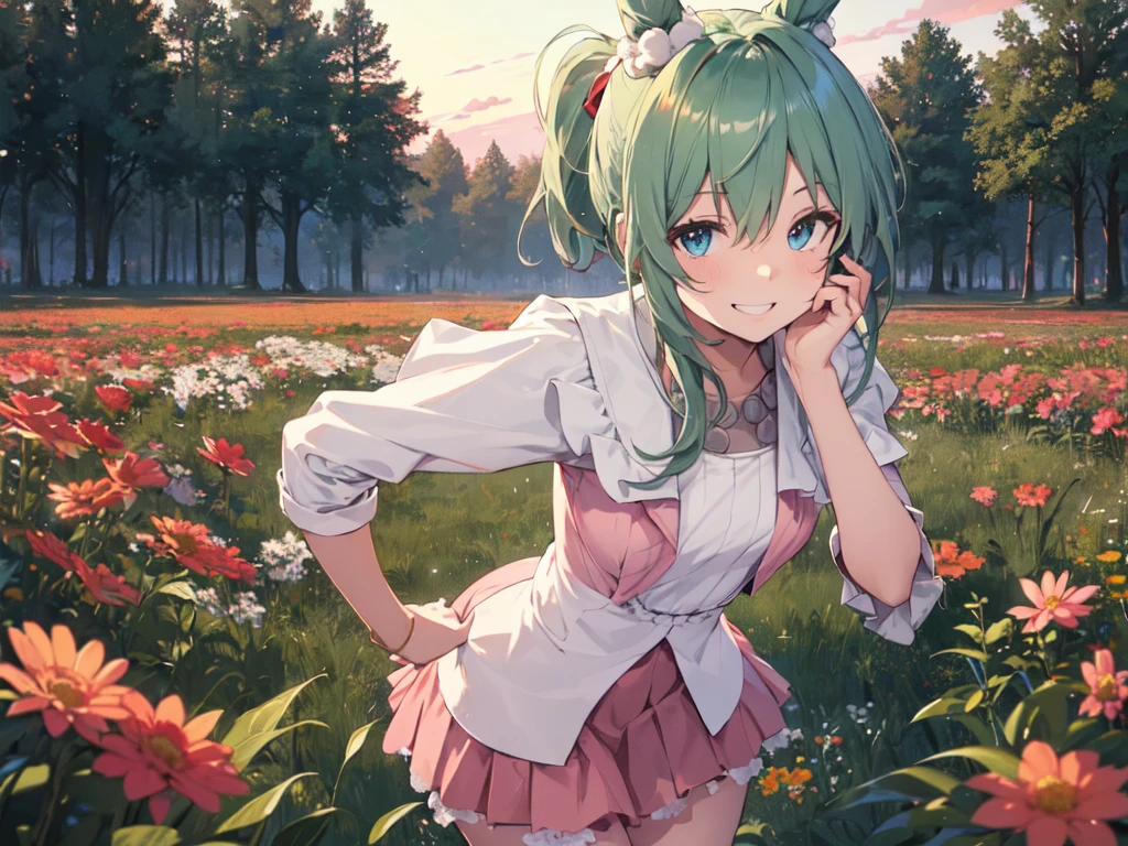 (Solo:2), (1 adult female), (Adult style), (Sexy body), (Human ears), (Sharp facial features), (Long hair, big green ribbon in low ponytail), Leaning forward with arms crossed, (Pink outfit), (Sexy cable knit sweater), (Light green mini skirt smiling showing gums), (Grassland surrounded by lots of red flowers), (Sunset), (Chest emphasis, Bust shot), (Best of the best, Highest quality, High resolution, 8K)