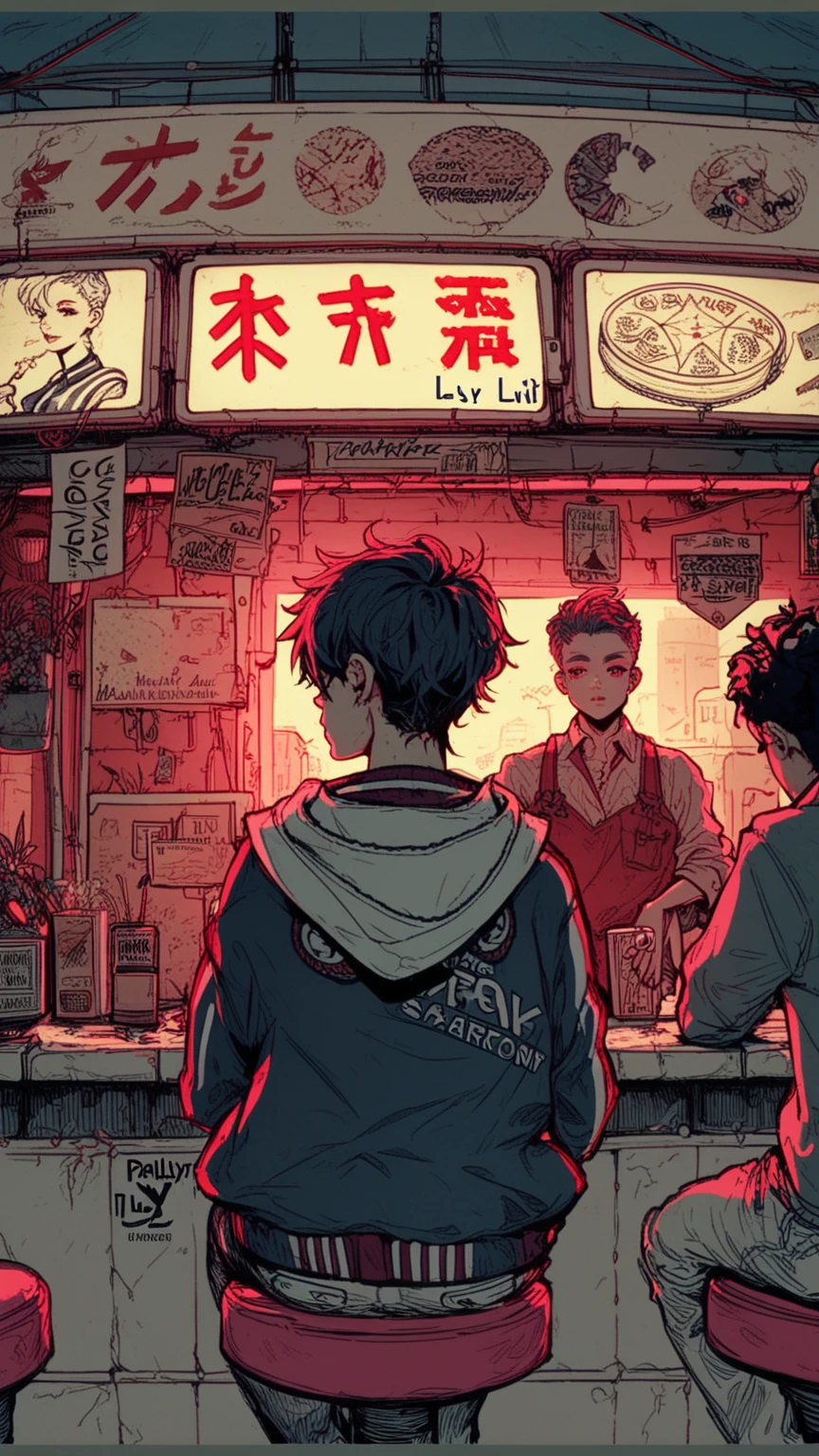 anime style, cool and edgy, thicker outlines, painterly elements, fine details, soft edges, A young man sitting at his back at a small urban food stall, wearing a jacket, dimly lit by red neon lights, surrounded by signs, dark ambience, moody, flat and minimalist lineart design, immersive, tattos, fashionable, posing, expression, stylish, striking, modern, fashion