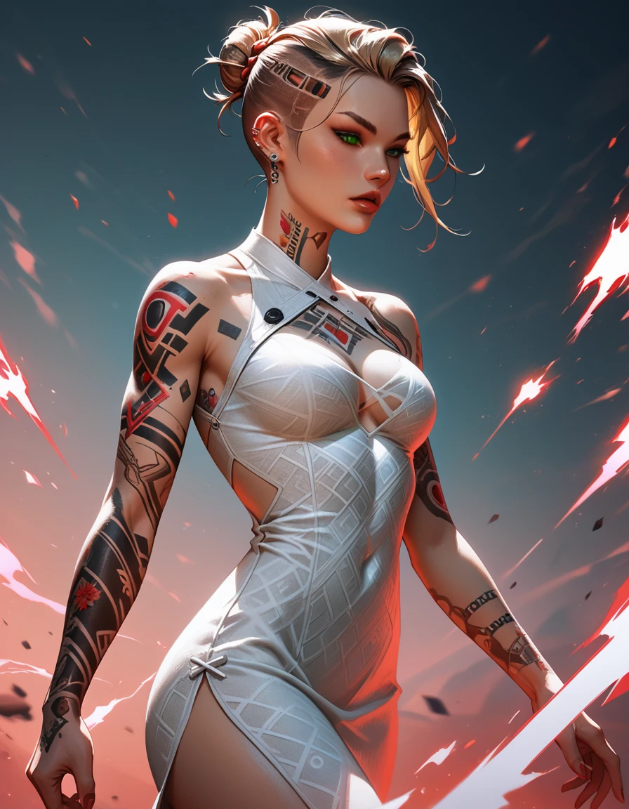 Score_9, score_8_up, score_7_up, MEJack, 1girl, slim figure, dark blonde hair, (green eyes), messy bun hairstyle, undercut hairstyle, tattoo,tattooed body, chest tattoo, wearing white bodycon dress, (sideless dress), keyhole cutout, (((red) psychic energy in hands)), (combat stances), wide angle