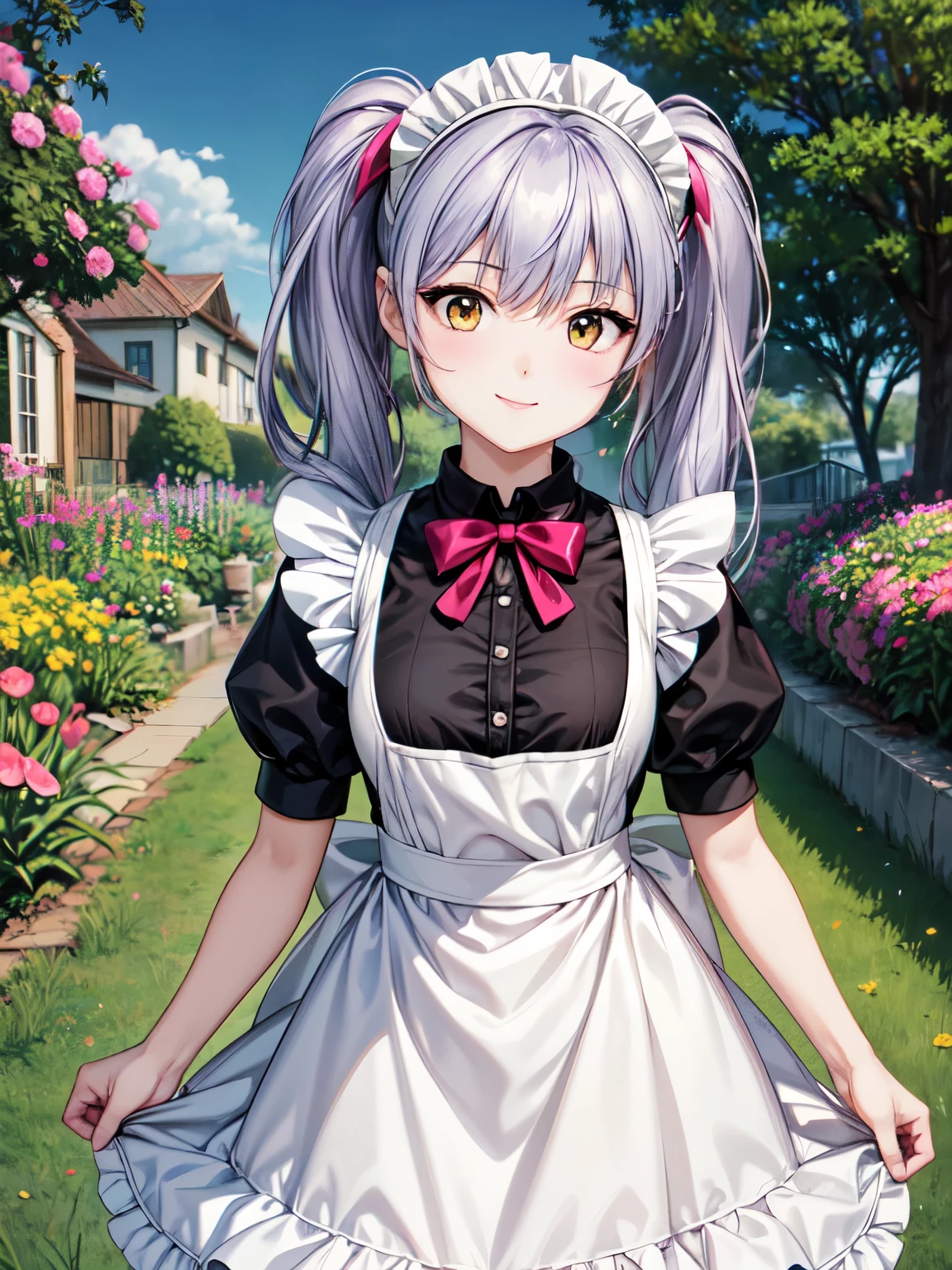  high definition 、 top quality、 super high quality 、 One Girl 、solo、 shot from the front 、smile、( anime illustration style:1.10),whole body、 standing,hoshino_ruri_(Dianthus)、Purple Hair、Yellow Eyes、 Twin Tails 、 hair ornament, maid clothes,(ビクトリア朝 maid clothes:1.2)、 skirt、smile、garden、  high definition 、 super fine painting,、( very detailed、color、Sparkle)、(Genuine、 real、Realistic:1.2)、 超 high definition 、cowboy shot , Outdoor、 skirtホールド、