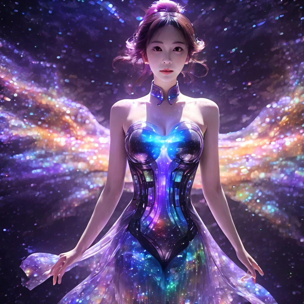   nebula floating in space  、whole body、(( see-through dress :1.8)),  top quality,  High Definition CG Integrated 8K Wallpaper ,  movie lights,  lens flare,  eyes with beautiful details, black,  Side View,  Multicolored Hair, Rich and colorful light, particle, 、 girl、Laugh without fear、 rainbow hair、Big Bang Girl,The edge of the universe can be seen on the lining、Dark matter、 energy 、Retro and psychedelic、Creating miracles with a single photon、From Blink to Quasar、that&#39;Too bright to keep watching 、 superbursts attract you