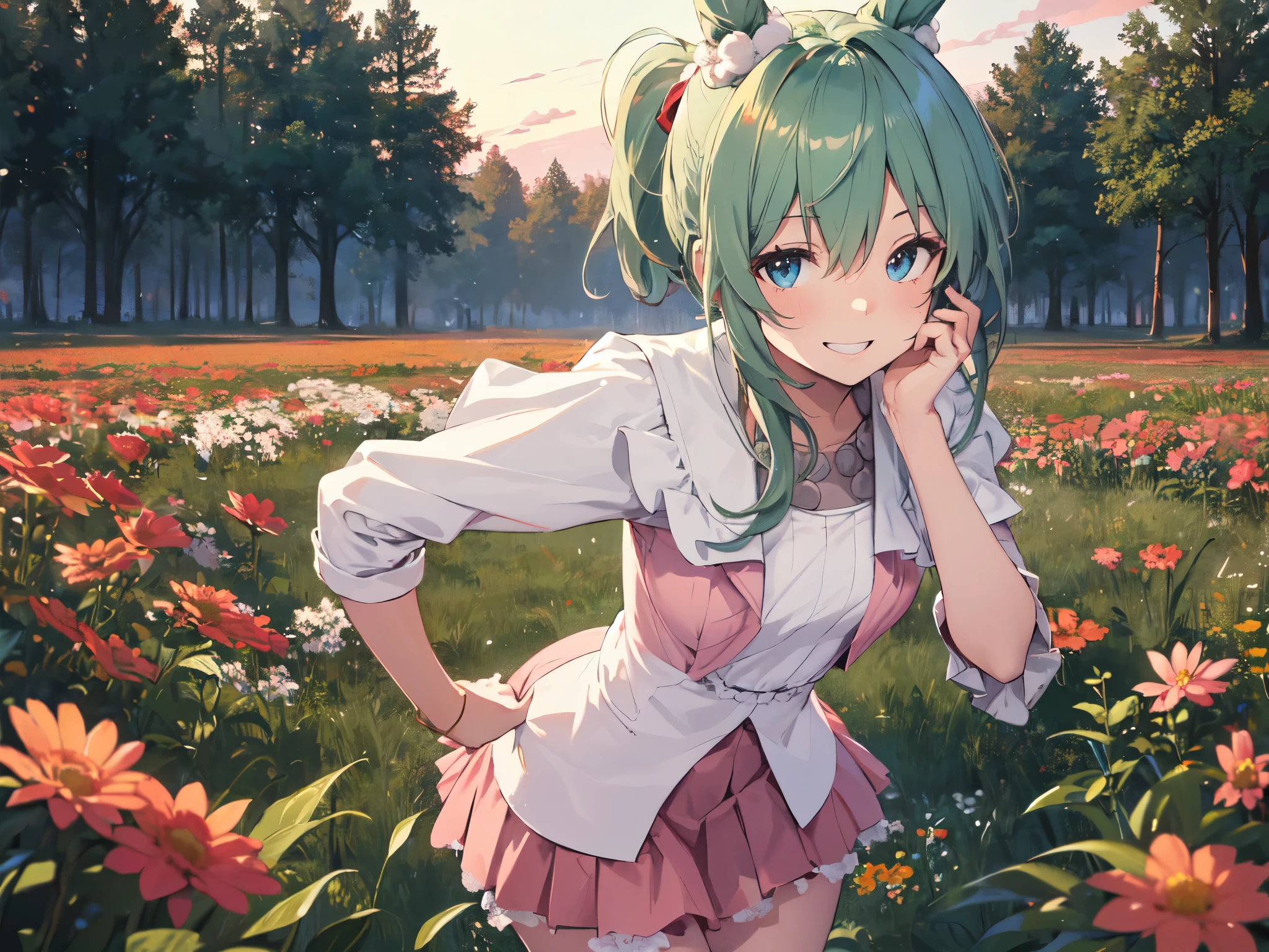 (Solo:2), (1 adult female), (Adult style), (Sexy body), (Human ears), (Sharp facial features), (Long hair, big green ribbon in low ponytail), Leaning forward with arms crossed, (Pink outfit), (Sexy cable knit sweater), (Light green mini skirt smiling showing gums), (Grassland surrounded by lots of red flowers), (Sunset), (Chest emphasis, Bust shot), (Best of the best, Highest quality, High resolution, 8K)