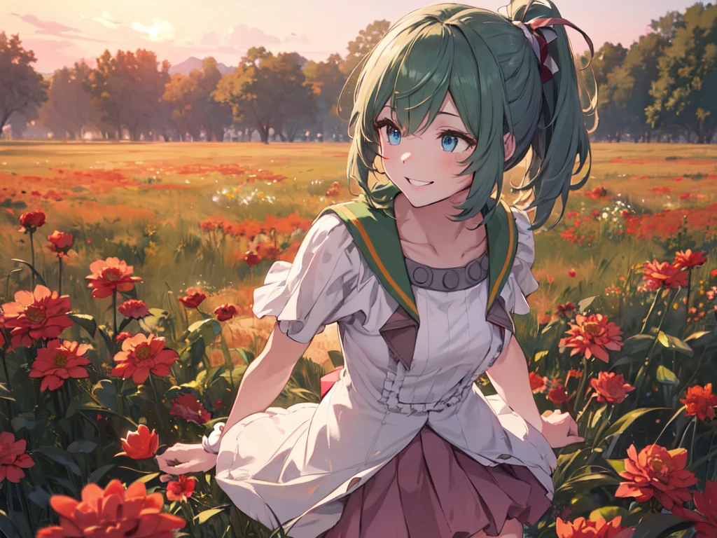 (Solo:2), (1 adult female), (Adult style), (Sexy body), (Human ears), (Sharp facial features), (Long hair, big green ribbon in low ponytail), Leaning forward with arms crossed, (Pink outfit), (Sexy cable knit sweater), (Light green mini skirt smiling showing gums), (Grassland surrounded by lots of red flowers), (Sunset), (Chest emphasis, Bust shot), (Best of the best, Highest quality, High resolution, 8K)