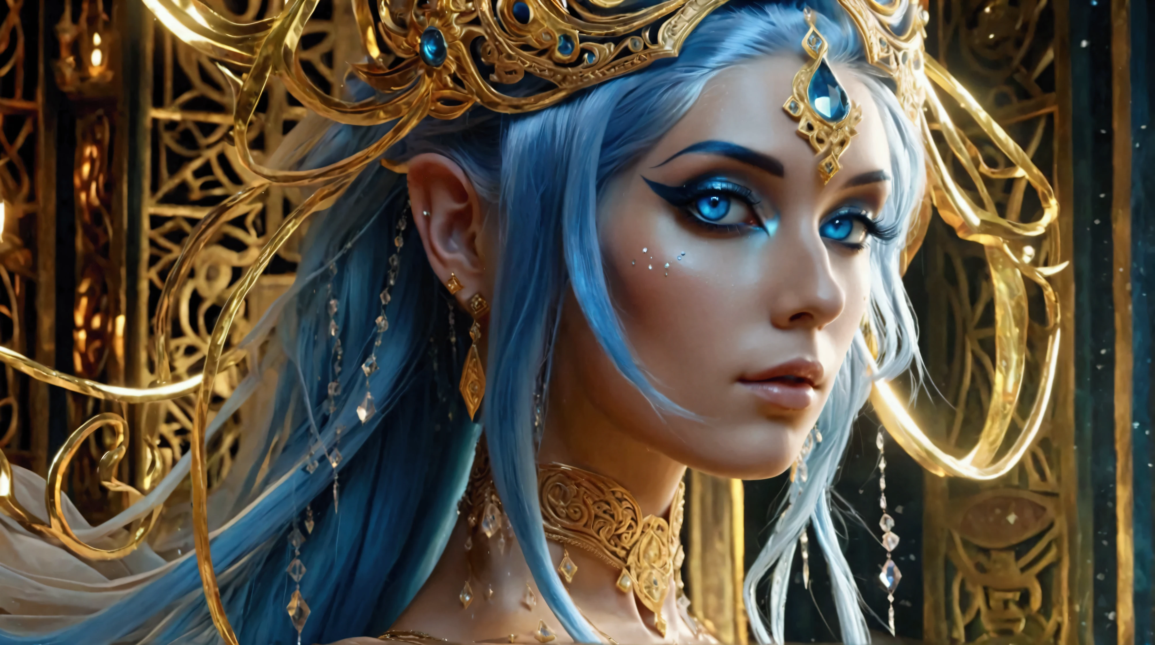 An Aryan woman with a golden-proportioned figure, exquisite three-dimensional facial features, light silver-blue hair, deep blue pupils, exquisite eye makeup, a stern face, ultra-detailed facial features, and skin like water. Retro series palace tattoo breasts, smooth and crystal clear. , belly button, beautiful legs. Surreal style photography, fantasy art aesthetics, exquisite lines, Unreal Engine rendering, ultra-real scenes, 8K movie effects, real light and shadow tracking, three-dimensional ancient style, two-color lighting rendering.