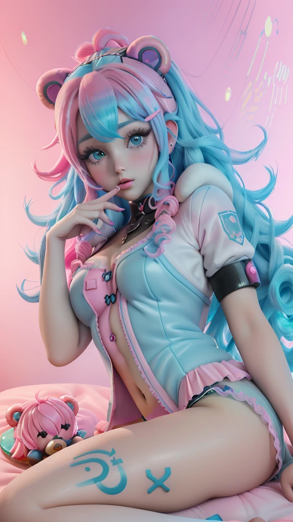 egirl as harlequin, long pink and blue hair with a choker in the background, synth wave color palette, trending on artstation, trending on CGSociety, Intricate, High detail, sharp focus, dramatic, full body shot dressed in lace in a ship on the moon looking out the window, trend on tiktok