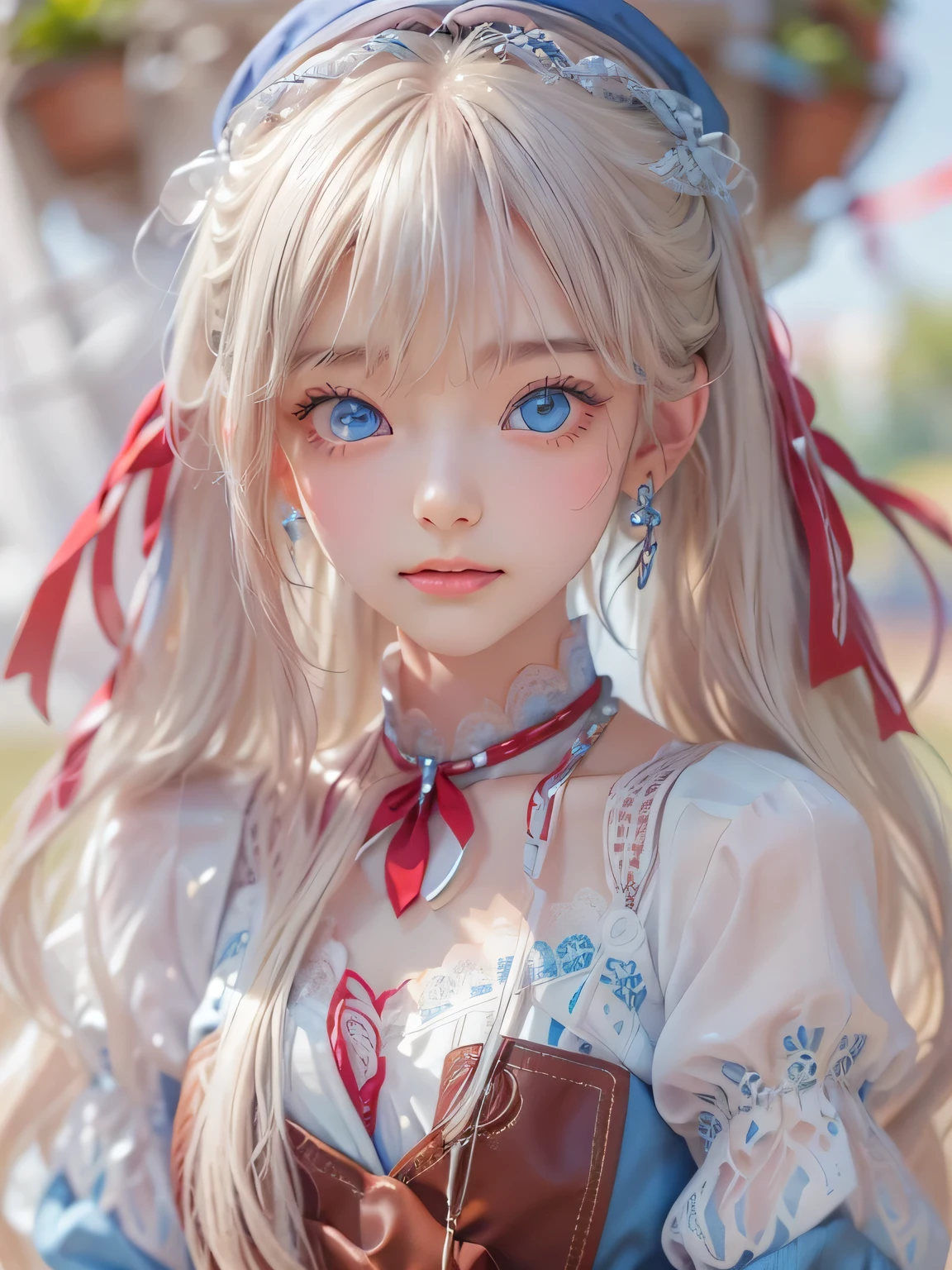 one girl、Gradient hair that changes from red to white、big ribbon hair ornament、very cute、、Simple gray background、An ennui look