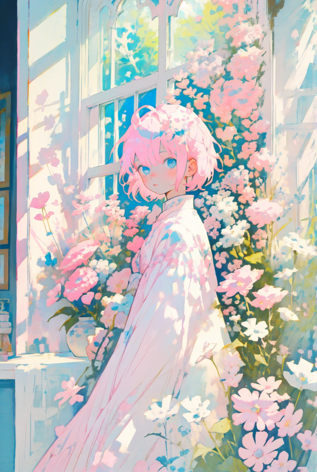 1girl,solo,(((pink short hair,blue eyes))),in the painting sits quietly by the window,Looking out at the scenery through the window,The vase next to her is filled with flowers,Add a touch of color to the whole picture,Looking at the scenery outside the window,flowers in a vase,