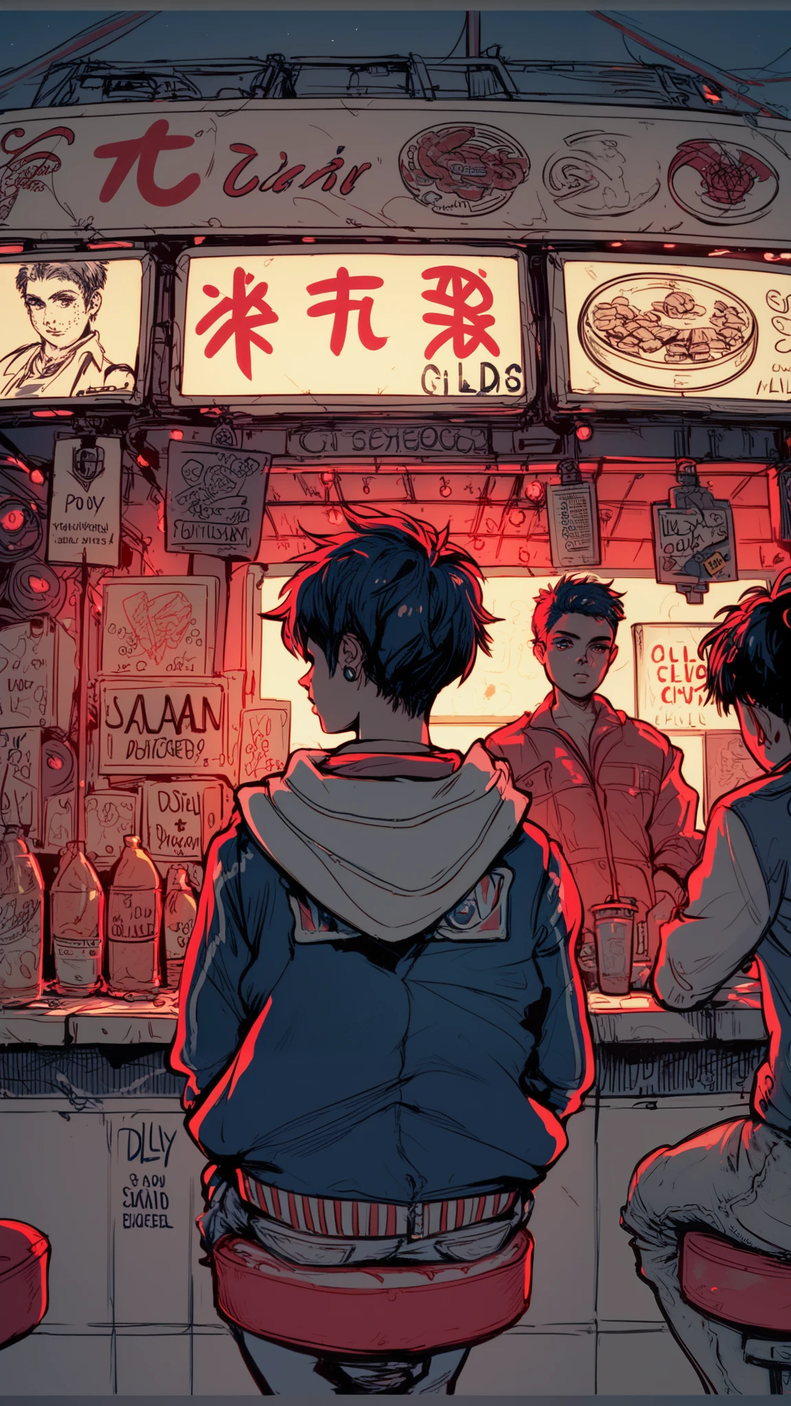 anime style, cool and edgy, thicker outlines, painterly elements, fine details, soft edges, A young man sitting at his back at a small urban food stall, wearing a jacket, dimly lit by red neon lights, surrounded by signs, dark ambience, moody, flat and minimalist lineart design, immersive, tattos, fashionable, posing, expression, stylish, striking, modern, fashion