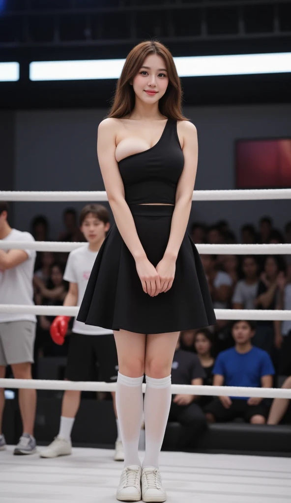 "A beautiful Korean woman with flawless fair skin and an adorable long hairstyle featuring soft waves cascading down her back, framing her face perfectly. She wears a trendy one-shoulder cropped black tank top, paired with a flirty black circle skirt that adds a touch of elegance to her sporty look. Her outfit is completed with white knee-high socks that elongate her legs and fresh white sneakers. she cross a both hands, she smiles warmly, standing in the energetic atmosphere of a boxing ring, with the blurred audience cheering in the background." she have abig breasts show up cleavage