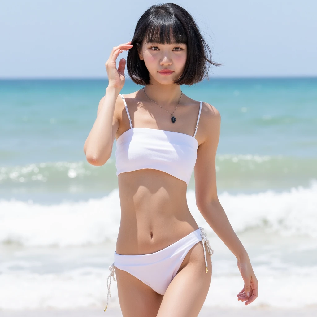  white skin，naked，completely naked， She has a bombshell body and  、Wearing a bikini ,      pretends to be a fashion model but turns pale, (   beach   ),    beautiful details  ,  face , high definition , 