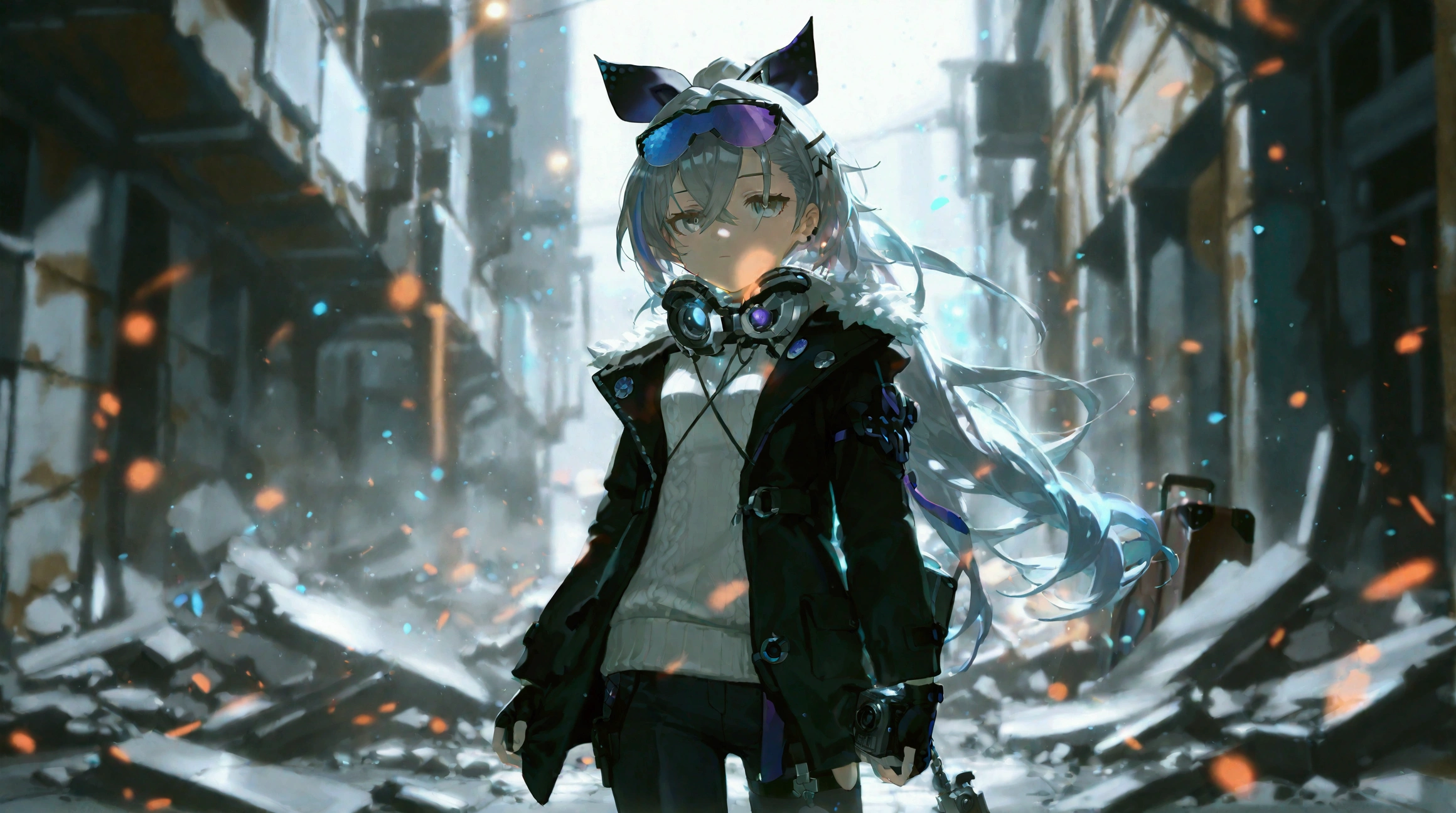 silver wolf (honkai: star rail), grey hair, long hair, 1girl, grey eyes, black coat, white sweater, black pants, fingerless gloves, full body, standing among the debris that's strewn across the floor, suitcase in hand, books and pieces of furniture of different shapes are arranged chaotically, camera high above the character, a mysterious light emanates from the wall in front, the source of the light beckoning with her hand, around sparks and particles shimmering in the air, post-apocalypse atmosphere, gray accents,cinematic lighting , cinematic angle, soft light , color detail, backlighting, Depth of field, long exposure, light steps,  intricate colors, vibrant colors,night, dark , dark background, Low-key lighting