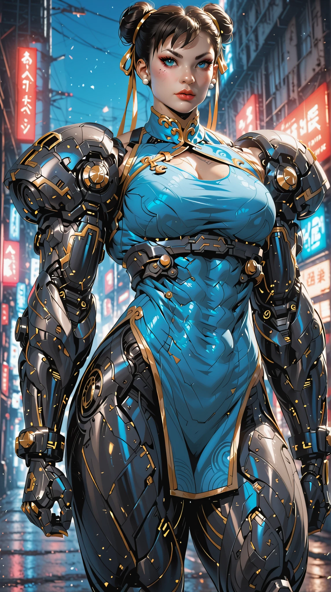 (nsfw:1), (Uncensored:1), score_9, score_8_up, score_7_up, (Three Quarters Shot), A hyper-realistic depiction of Chun-Li as a powerful, futuristic muscular cyborg warrior. She stands confidently in a dramatic cyberpunk environment with neon-lit streets and glowing holographic signs in the background. Her muscular physique is emphasized with intricate, polished cybernetic enhancements covering her arms, legs, and torso, seamlessly blending with her human features. Her iconic blue qipao is reimagined with high-tech materials, reinforced armor plating, and glowing blue accents that pulse with energy. Her buns are adorned with metallic and cybernetic details, and her face retains her strong, determined expression with glowing, piercing blue eyes. The scene features dynamic lighting, with neon blues, purples, and dark metallic tones reflecting off her cybernetic body, creating a dramatic and powerful atmosphere. Her pose is confident and battle-ready, exuding strength and grace in equal measure, arm0rpunkv4, CyberRealistic_Negative_PONY