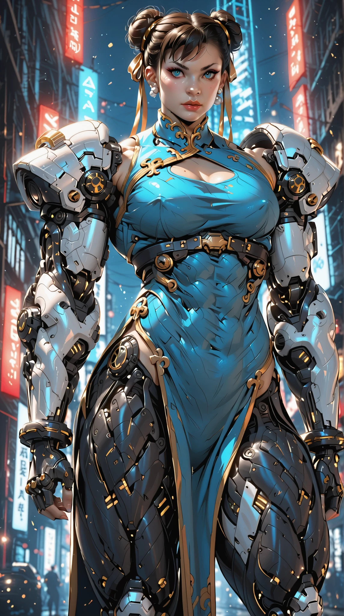 (nsfw:1), (Uncensored:1), score_9, score_8_up, score_7_up, (Three Quarters Shot), A hyper-realistic depiction of Chun-Li as a powerful, futuristic muscular cyborg warrior. She stands confidently in a dramatic cyberpunk environment with neon-lit streets and glowing holographic signs in the background. Her muscular physique is emphasized with intricate, polished cybernetic enhancements covering her arms, legs, and torso, seamlessly blending with her human features. Her iconic blue qipao is reimagined with high-tech materials, reinforced armor plating, and glowing blue accents that pulse with energy. Her buns are adorned with metallic and cybernetic details, and her face retains her strong, determined expression with glowing, piercing blue eyes. The scene features dynamic lighting, with neon blues, purples, and dark metallic tones reflecting off her cybernetic body, creating a dramatic and powerful atmosphere. Her pose is confident and battle-ready, exuding strength and grace in equal measure, arm0rpunkv4, CyberRealistic_Negative_PONY