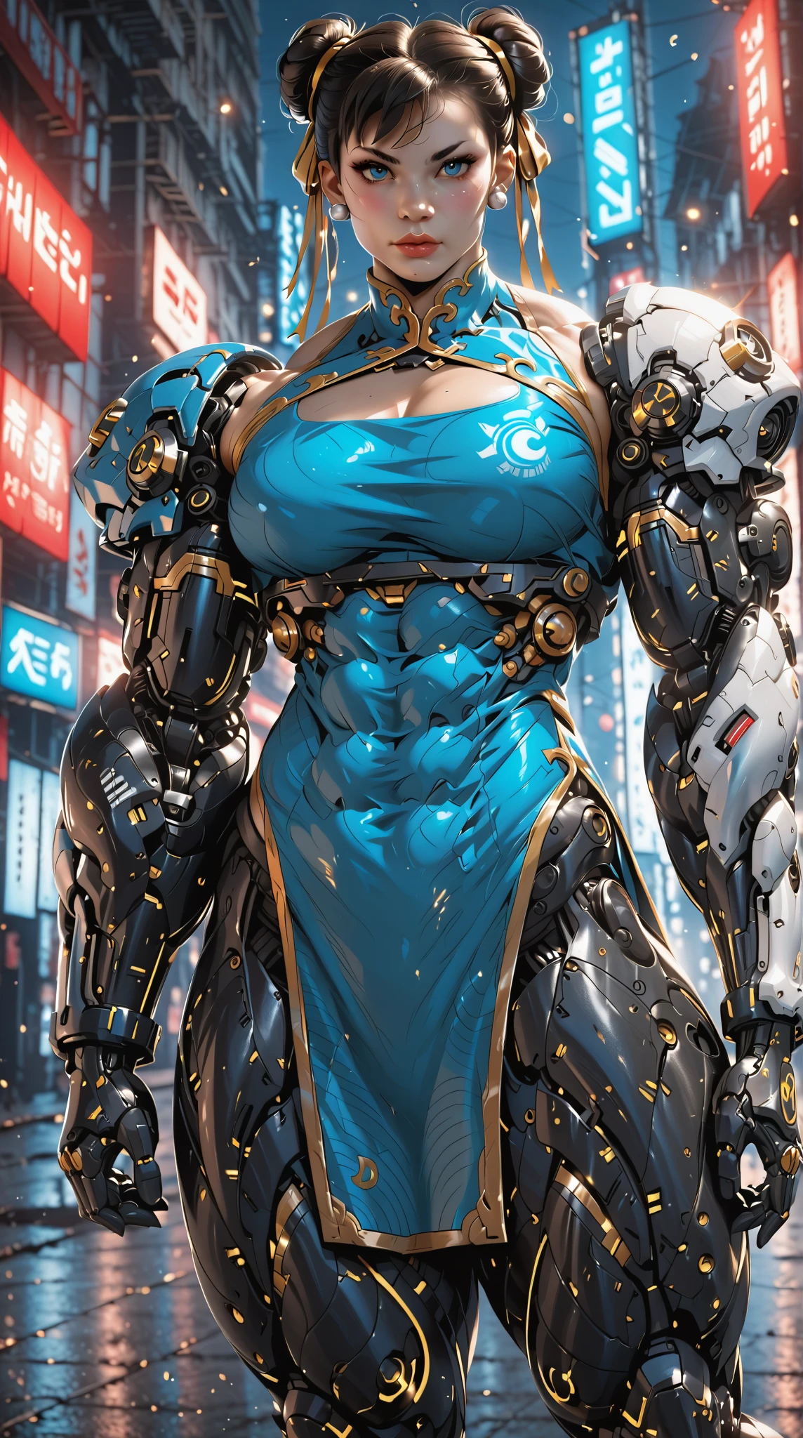 (nsfw:1), (Uncensored:1), score_9, score_8_up, score_7_up, (Three Quarters Shot), A hyper-realistic depiction of Chun-Li as a powerful, futuristic muscular cyborg warrior. She stands confidently in a dramatic cyberpunk environment with neon-lit streets and glowing holographic signs in the background. Her muscular physique is emphasized with intricate, polished cybernetic enhancements covering her arms, legs, and torso, seamlessly blending with her human features. Her iconic blue qipao is reimagined with high-tech materials, reinforced armor plating, and glowing blue accents that pulse with energy. Her buns are adorned with metallic and cybernetic details, and her face retains her strong, determined expression with glowing, piercing blue eyes. The scene features dynamic lighting, with neon blues, purples, and dark metallic tones reflecting off her cybernetic body, creating a dramatic and powerful atmosphere. Her pose is confident and battle-ready, exuding strength and grace in equal measure, arm0rpunkv4, CyberRealistic_Negative_PONY