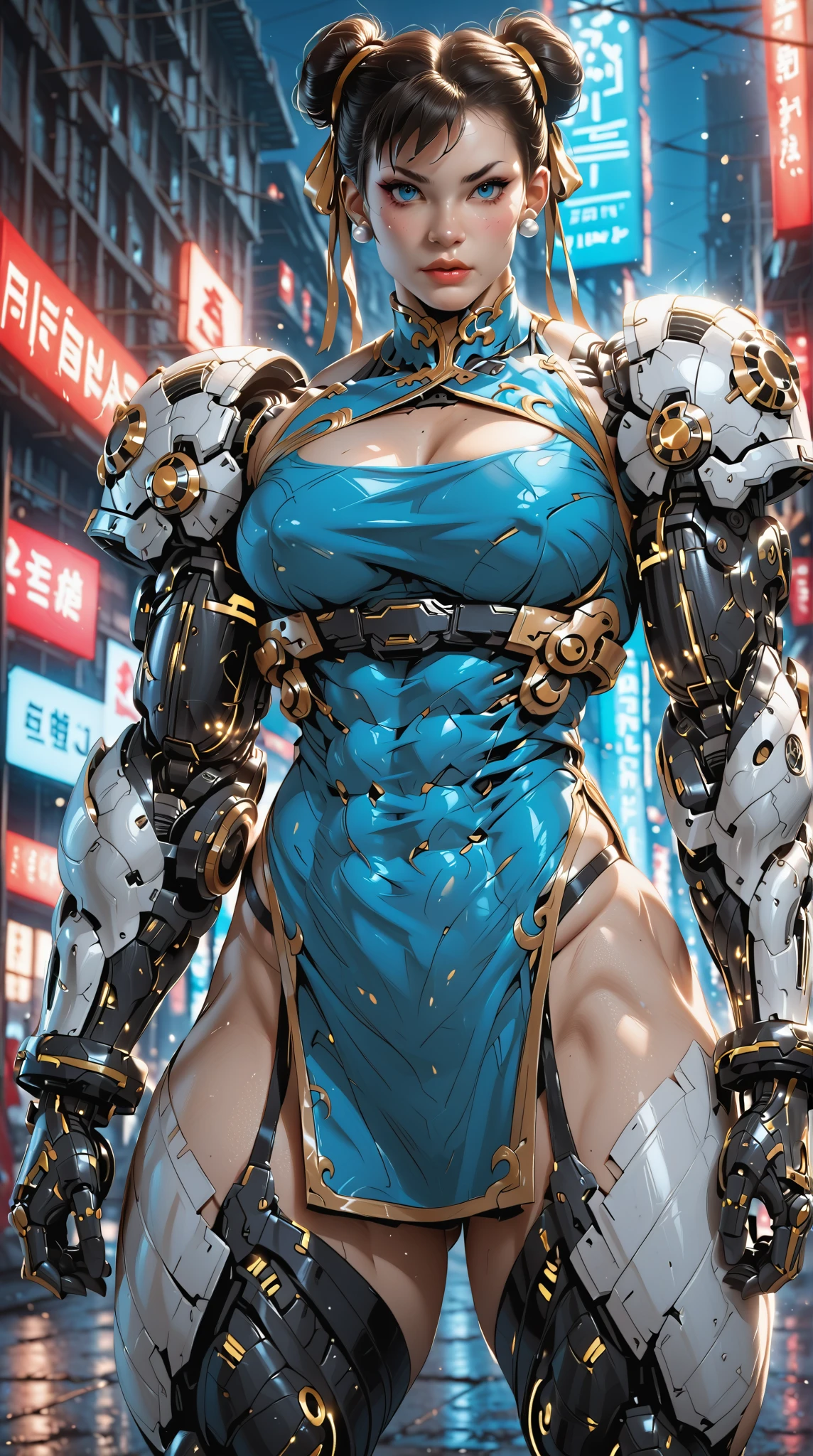 (nsfw:1), (Uncensored:1), score_9, score_8_up, score_7_up, (Three Quarters Shot), A hyper-realistic depiction of Chun-Li as a powerful, futuristic muscular cyborg warrior. She stands confidently in a dramatic cyberpunk environment with neon-lit streets and glowing holographic signs in the background. Her muscular physique is emphasized with intricate, polished cybernetic enhancements covering her arms, legs, and torso, seamlessly blending with her human features. Her iconic blue qipao is reimagined with high-tech materials, reinforced armor plating, and glowing blue accents that pulse with energy. Her buns are adorned with metallic and cybernetic details, and her face retains her strong, determined expression with glowing, piercing blue eyes. The scene features dynamic lighting, with neon blues, purples, and dark metallic tones reflecting off her cybernetic body, creating a dramatic and powerful atmosphere. Her pose is confident and battle-ready, exuding strength and grace in equal measure, arm0rpunkv4, CyberRealistic_Negative_PONY