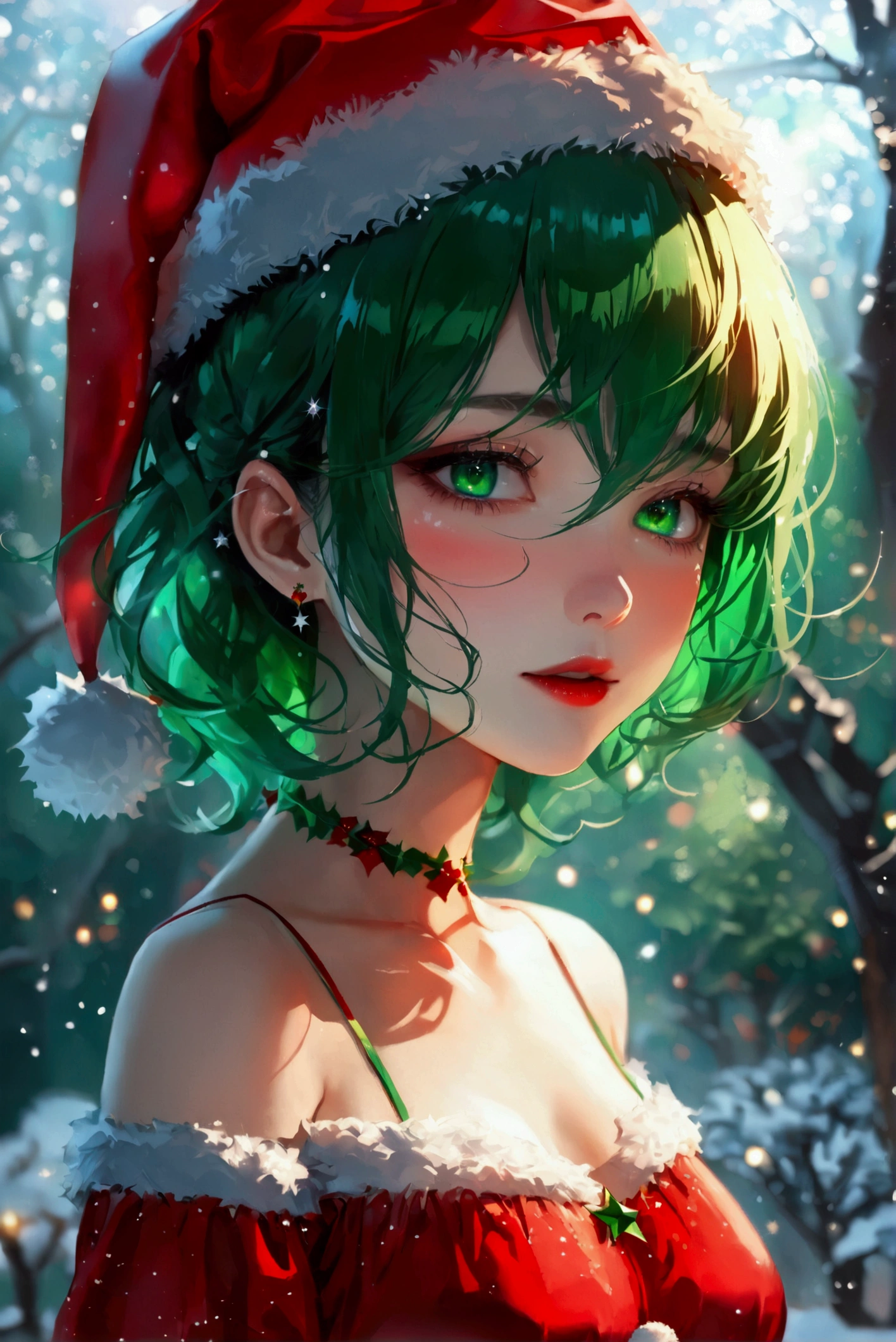 cute girl,, Shiny Hair, Big, bright eyes, Breathe deeply through your lips, compensate, Attractive and sexy expression , Great ratio, 2.5D,  delicate and dynamic,  misty filter effect, Beautiful Effects, smiles, Light blush,  eyes sparkle,  colorful eyes, (((green and red Santa ))), mini dress