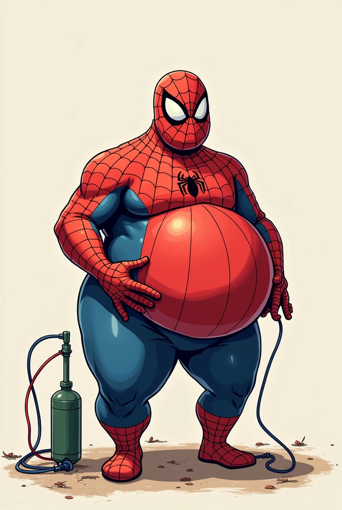 Spiderman inflating his belly like a balloon with an air pump - SeaArt AI