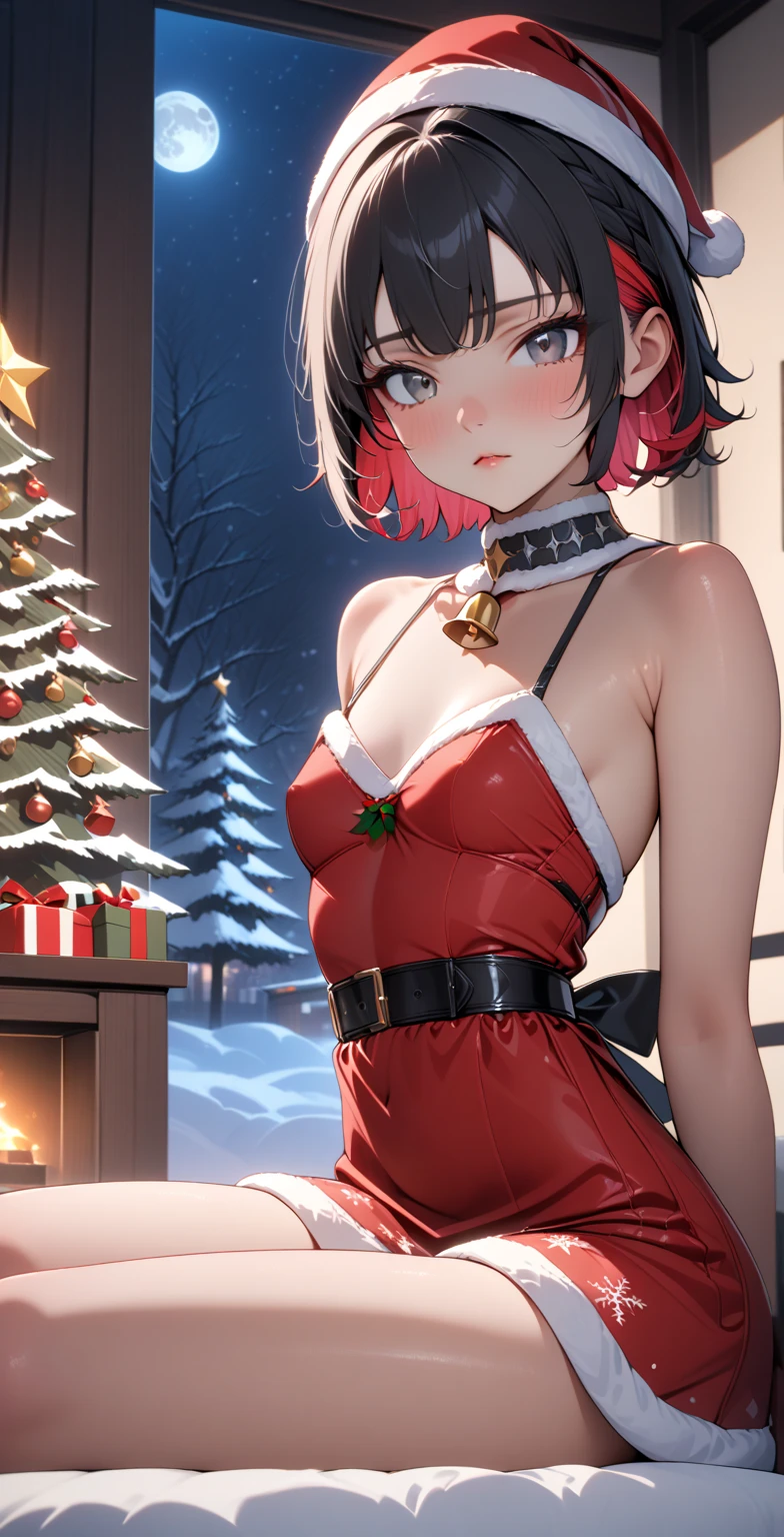 score_9, score_8_up, score_9_up, source_anime, close up photo,  beautiful face, ellenjoe, night, passionless,  closed mouth, ellen joe, black hair, moonlight, japanese room, night winter, sit in her bed, christmas party, snow, sexy body, very small breasts, hands behind her back, colored inner hair, multicolored hair, grey eyes, red hair,  short hair,  two-tone hair, shoulders covered, chrstmas cute dress, christmas red dress, living room, night,  dark room, arms behind her back, christmas outfit, lace collar,sexy body,  small breasts, two-tone hair,  beautiful eyes, beautiful legs, sexy legs, solo, fantasy world, night, beautiful eyes