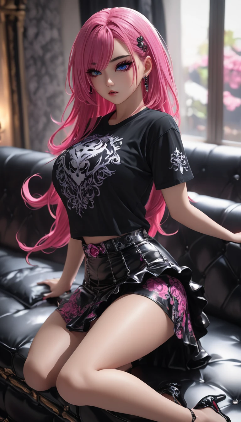 Masterpiece,Best Quality, beautiful eyes, cinematic lens effect, highly dramatic picture, ultra detailed, depth of field, medium full length, 8k, ultra cute , ultra sexy, ultra bouncy, horny, pervert, Dutch angle, ((busty bitches )), ((supermodel )),  ((Darksiders)), 1girl, ecchi, Korean girl, (pink hair with black streaks) , fashion photoshoot, dramatic pose, black cute t-shirt, cute skirt, bending over couch, confident, jewellery , goth makeup, (nicely accentuated ass)