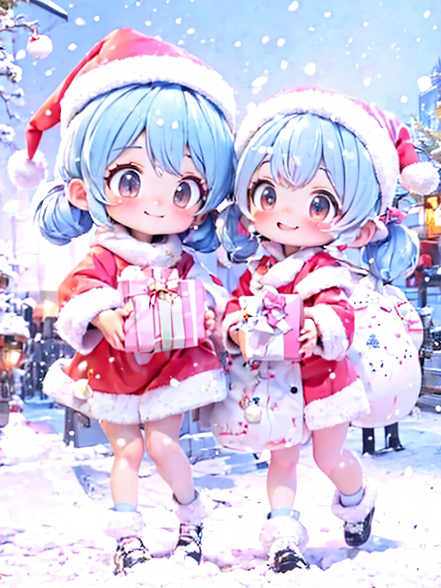    long light blue hair、 beautiful girl with twin tail hairstyle 、  Santa Claus、smile、They are handing out presents in a beautiful city where it's snowing