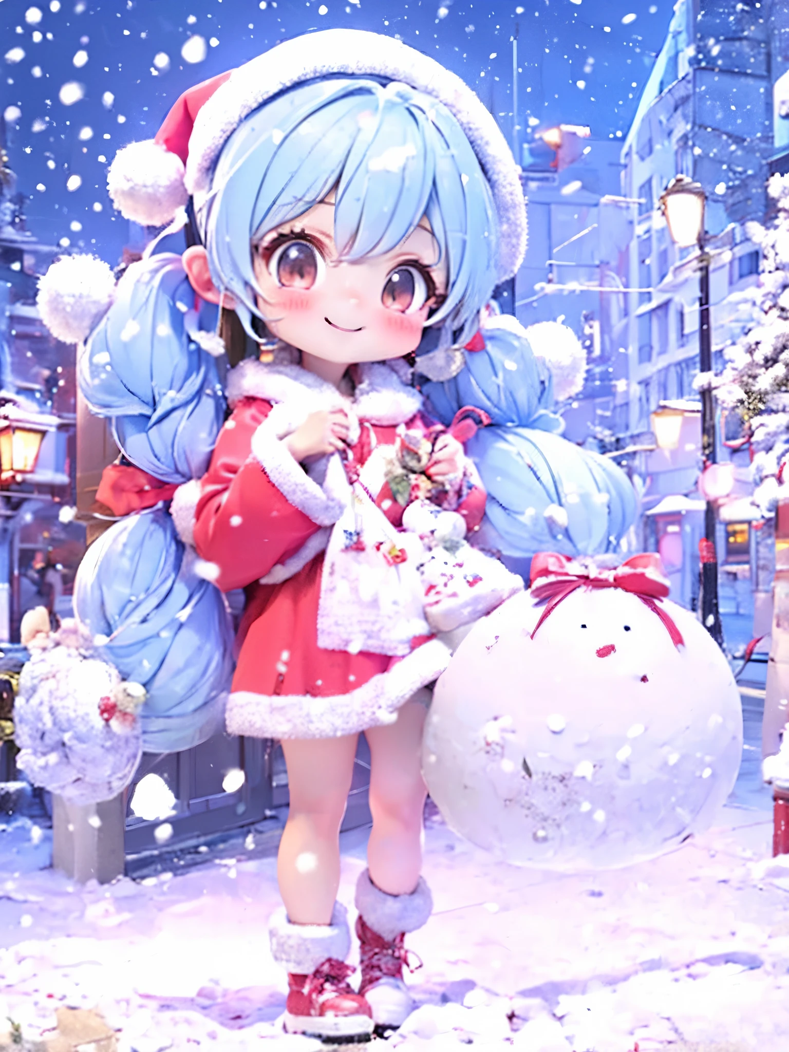    long light blue hair、 beautiful girl with twin tail hairstyle 、  Santa Claus、smile、They are handing out presents in a beautiful city where it's snowing