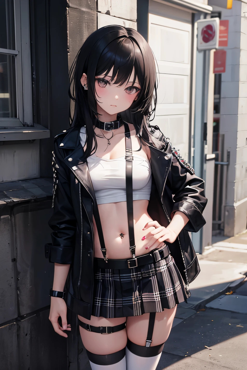 style anime a beautiful , solo 1girl , gothic , bored face , very long black hair, frinje , smudged black makeup , collar , black t-shirt with a large neckline , open black jacket punk , belly button piercing, with several belts, punk style, plaid micro-skirt plissada , very short mini skirt plissada , Punk I-shaped Thigh Garter Belts Leg Rings Leg Garters , striped socks black white , suspenders socks, long black boots, rave . Standing