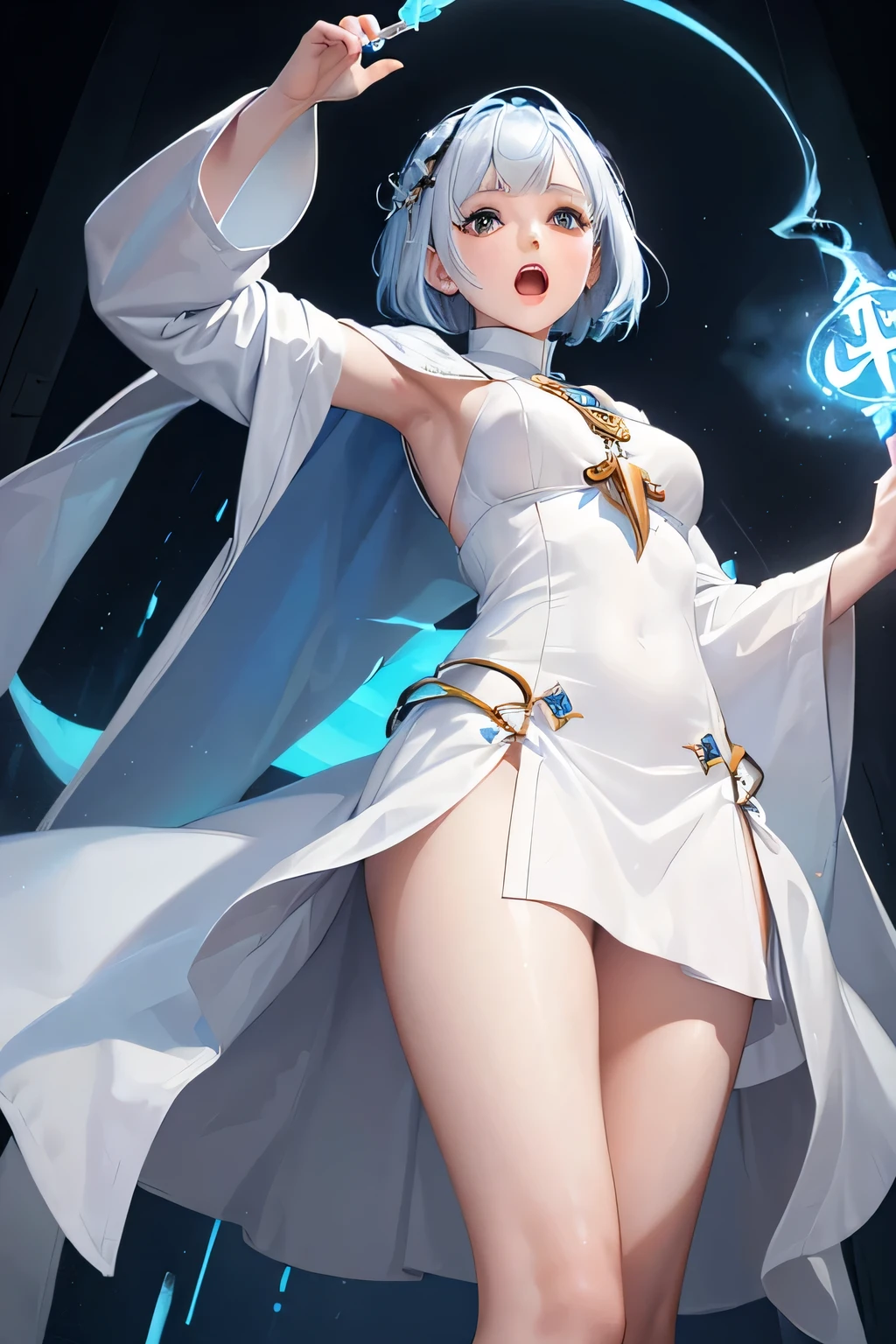 floating in the air、(back view)、(cloak)、(((spread legs)))、Blue tattoo、(((naked)))、(((pubic hair)))、female organ、Beautiful female magician、(((silver hair up style)))、((whole body))、night