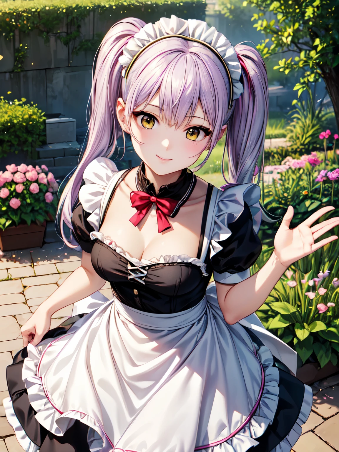  high definition 、 top quality、 super high quality 、 One Girl 、solo、 shot from the front 、smile、( anime illustration style:1.10),whole body、 standing,hoshino_ruri_(Dianthus)、Purple Hair、Yellow Eyes、 Twin Tails 、 hair ornament, maid clothes,(ビクトリア朝 maid clothes:1.2)、 skirt、smile、garden、  high definition 、 super fine painting,、( very detailed、color、Sparkle)、(Genuine、 real、Realistic:1.2)、 超 high definition 、cowboy shot , Outdoor、 waving