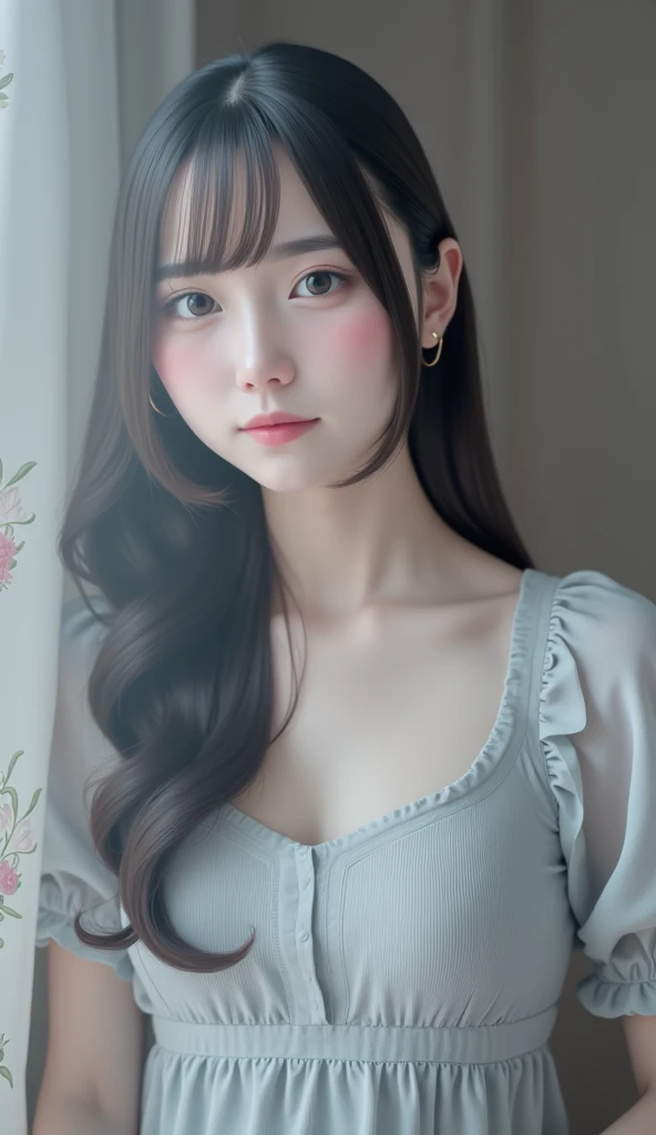 (((Gray floral background:1.3)))、 top quality, masterpiece,  high definition , ((( one girl ))), ,(((The eyes are gray:1.3)))、 gray dress 、(( Grey Shirt :1.3、Grey Block Dress )),  tyndall effect ,  realistic , Shadow Studio , ultramarine lighting,  Dual Tone Lighting, ( high detail skin : 1.2)、Light colored lighting 、Dim lighting、  dslr, photograph,  high definition , 4K, 8k,  Blurred Background, beautiful fade out 、The world of grey flowers