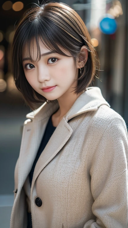 Photorealsitic, 8K, Full body portrait, Beautuful Women, A charming expression, Clear department, Shorthair, 18year old, TOKYOcty, Winters, Shibuya in the background
