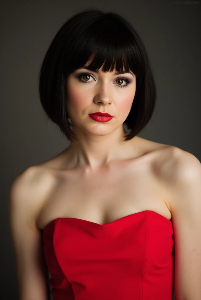 karen gillan, standing frontally, seductive, red strapless dress, detailed face, black bob cut hair with bangs