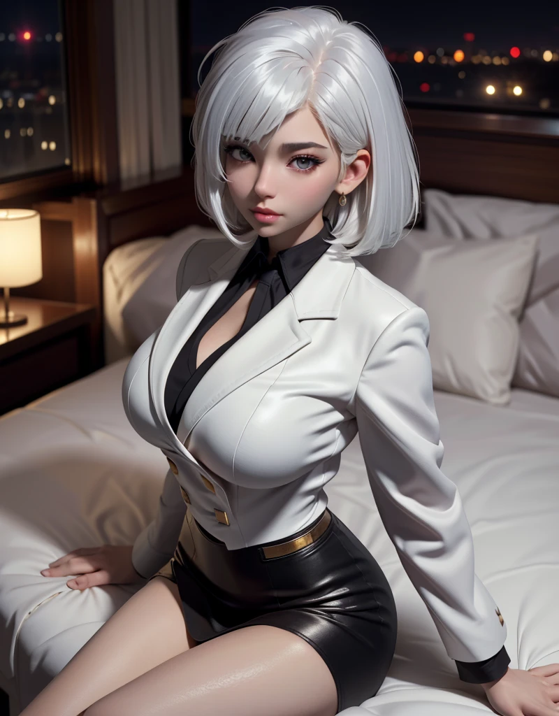 sfw, ((lying back on bed top view)), (masterpiece:1.3), (8k, photorealistic, RAW photo, best quality: 1.4), (1girl), beautiful face, (realistic face), (black hair, short hair:1.3), Nice hairstyle,Realistic Eyes,Nice detail eyes,(Realistic Skin),Beautiful Skin,Ridiculous,attractive,Ultra high Resolution,an ultra realistic,RAWExtremely detailed,golden proportions,Full body photo, Woman wearing business outfit, formal blazer, white blouse, beautiful, masterpiece, best quality, perfect lighting, (white hair:1.4), long hair, (grey eyes:1.2), slender build, thin, medium breasts, business woman, ceo, luxurious black leather, giant modern window with view of nighttime city skyline in background, close up, wearing bra,((skinny waist)), young asian girl, ((big breasted)),