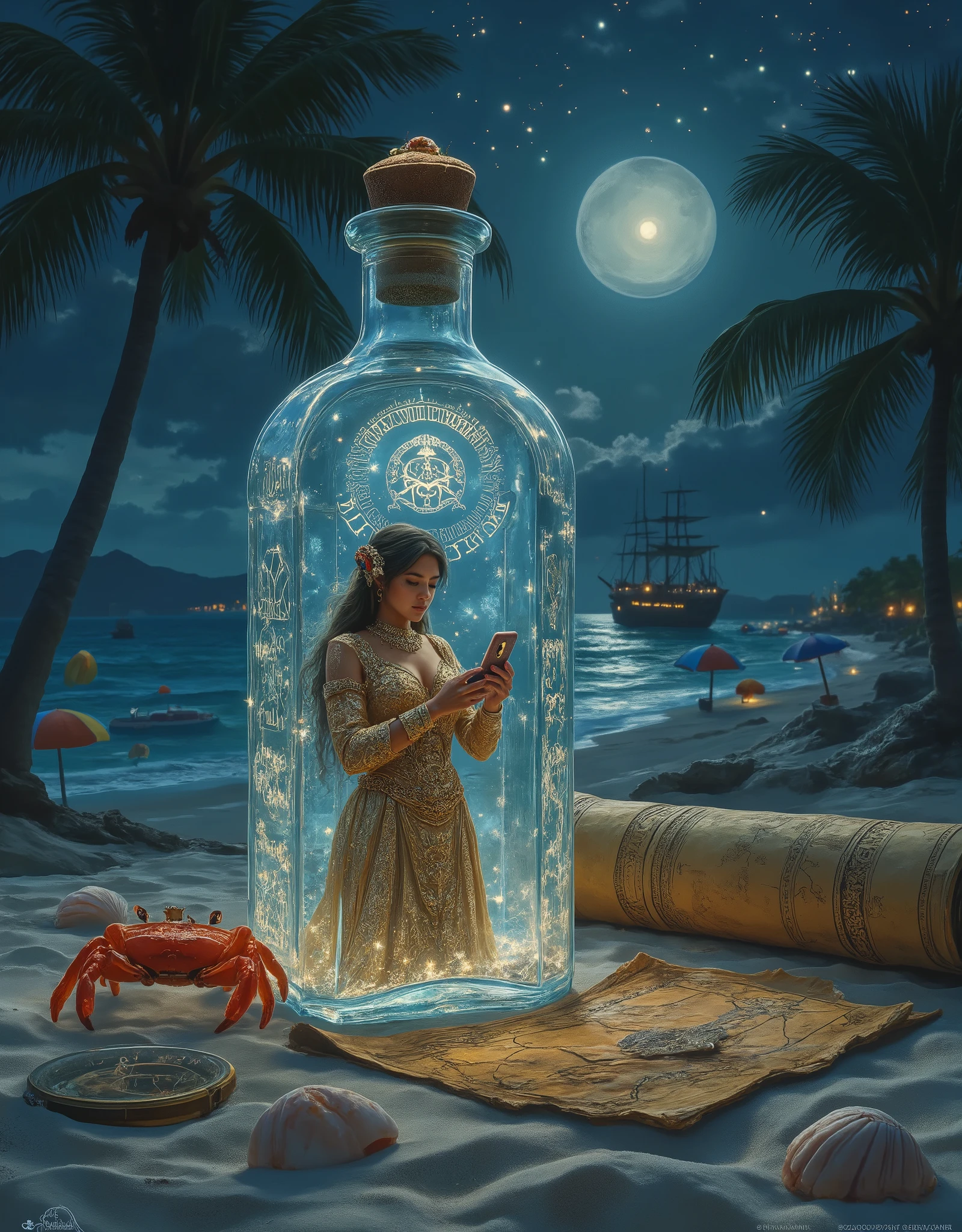 A stunning, crystal clear quartz bottle adorned with ancient, mystical inscription, resting on pristine beach sand, as a resplendent female genie, clad in an intricately embroidered, golden Middle Eastern gown, emerges from within, her eyes fixed intently on her phone as she plays a captivating mobile game. A curious, vibrant red crab peers out from beside the bottle, while a majestic palm tree sways gently in the background. In the distance, colorful beach umbrellas dot the shoreline, and the faint outline of a shipwreck lingers on the horizon. Seashells scattered around the bottle glow softly in the lunar light, as a celestial constellation twinkles above in the night sky. Nearby, an ancient, yellowed map lies rolled up, accompanied by a weathered, brass compass, its surface etched with the patina of age. Captured in the style of cinematic still life photography, evoking the masterful works of Gregory Crewdson, Cindy Sherman, and Nadav Kander, with meticulous attention to texture, lighting, and atmosphere, inviting the viewer to step into this enchanting, mystical realm.