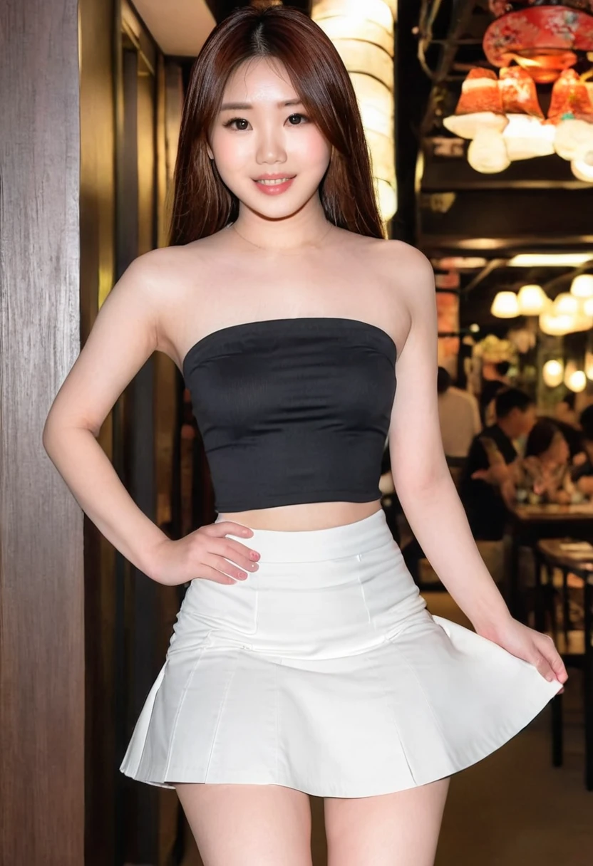 (best resolution), (high quality:1.5), work of art, (8k), extremely detailed, (High details:1.4), solo, ((Japanese female with 24 years old)), ((white mini-skirt, black cropped strapless)), (perfect model face:1.4), (perfect busty with hot body),