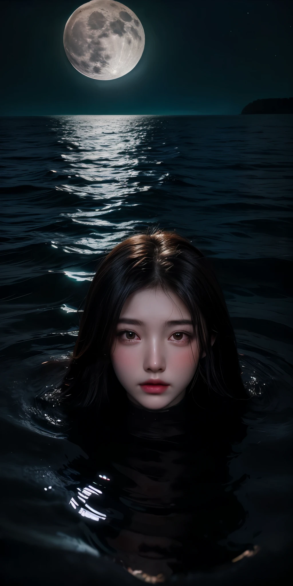 A woman swimming in the sea where bioluminescent plants shine, ((bioluminescent plants shine)), the moonlight reflected on the surface of the sea, (a beautiful moon), a beautiful starry sky, beautiful face, detailed faace,