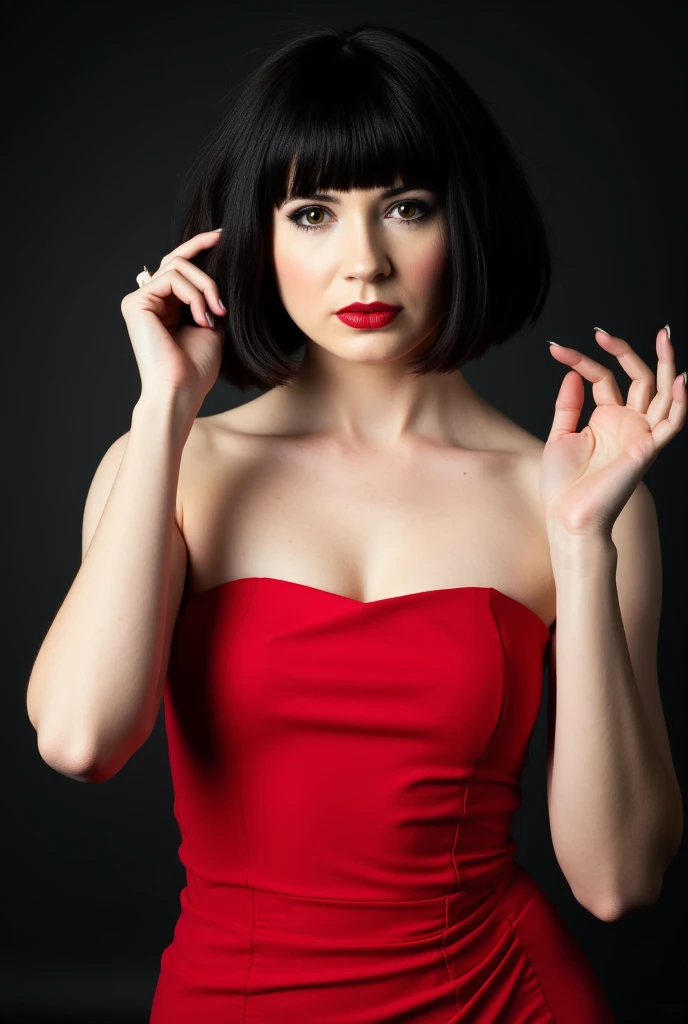 karen gillan, standing frontally, seductive, red strapless dress, detailed face, black bob cut hair with bangs, fixing hair