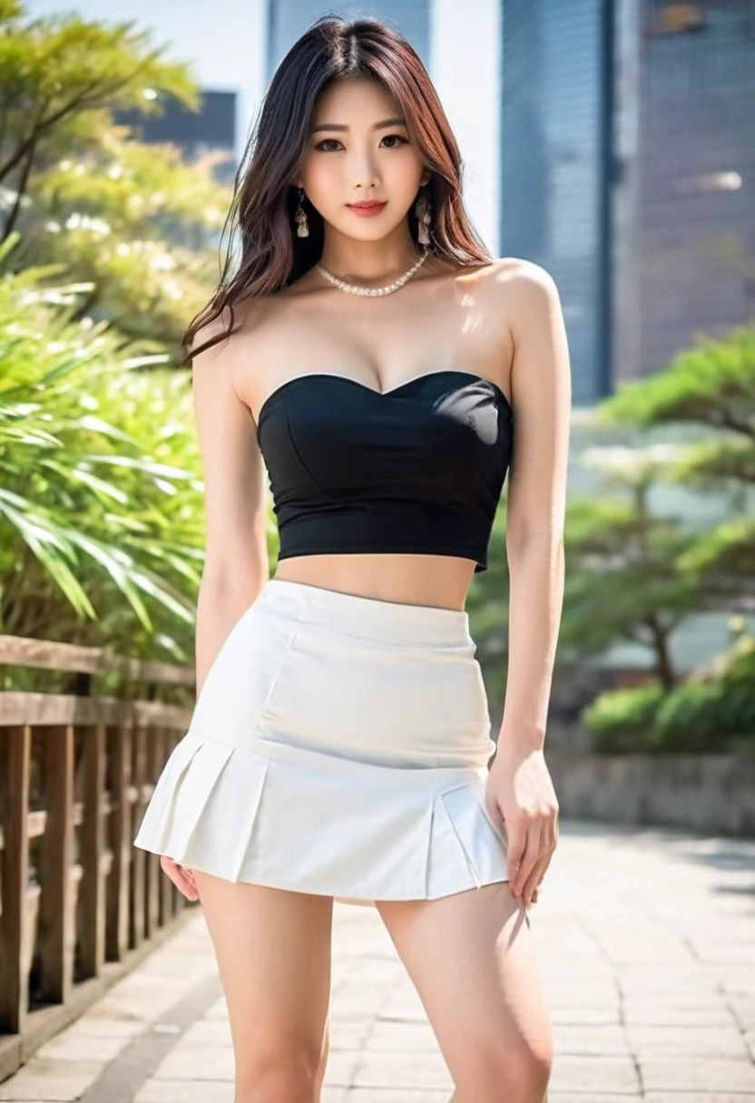 (best resolution), (high quality:1.5), work of art, (8k), extremely detailed, (High details:1.4), solo, ((Japanese female with 24 years old)), ((white mini-skirt, black cropped strapless)), (perfect model face:1.4), (perfect busty with hot body),