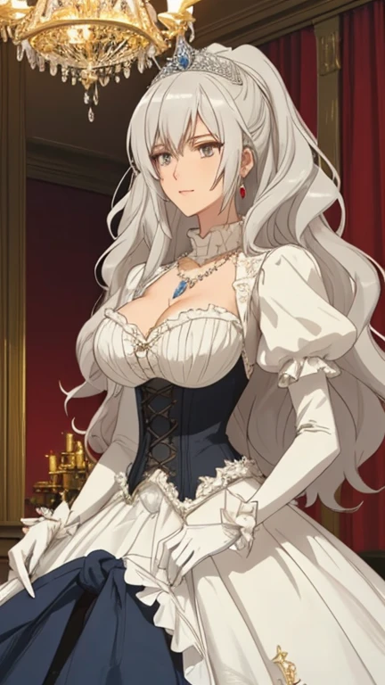 1girl, solo, Shizuma, long white hair, golden eyes, large breasts, a stunningly beautiful fairytale Princess shining with Royal Pomp and Regal Splendor, wearing a Stately and (((Elaborate))) Royal Cinderella Wedding Dress of Silver and White Brocade, with (((enormous puffed sleeves))) a stiffly boned, padded and corseted bodice, an hourglass waist, a (((huge crinoline hoopskirt))) and (((bustle))), adorned with ribbons, bows, roses, lace, ruffles, frills, embroidery, and jewels, elaborately curled and styled hair, long white gloves, pearl and diamond necklace and earrings, (masterpiece), best quality, expressive eyes, perfect face, good hands, best hands, detailed, high quality, high resolution. 8k