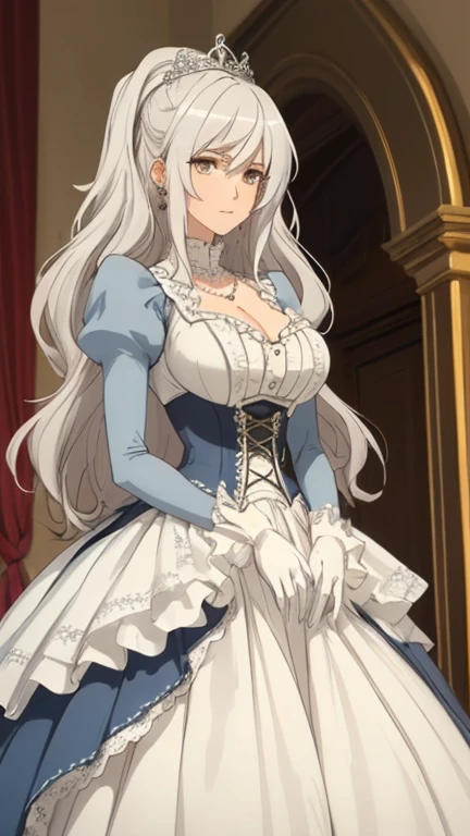 1girl, solo, Shizuma, long white hair, golden eyes, large breasts, a stunningly beautiful fairytale Princess shining with Royal Pomp and Regal Splendor, wearing a Stately and (((Elaborate))) Royal Cinderella Wedding Dress of Silver and White Brocade, with (((enormous puffed sleeves))) a stiffly boned, padded and corseted bodice, an hourglass waist, a (((huge crinoline hoopskirt))) and (((bustle))), adorned with ribbons, bows, roses, lace, ruffles, frills, embroidery, and jewels, elaborately curled and styled hair, long white gloves, pearl and diamond necklace and earrings, (masterpiece), best quality, expressive eyes, perfect face, good hands, best hands, detailed, high quality, high resolution. 8k