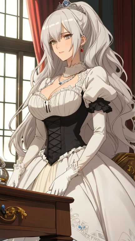 1girl, solo, Shizuma, long white hair, golden eyes, large breasts, a stunningly beautiful fairytale Princess shining with Royal Pomp and Regal Splendor, wearing a Stately and (((Elaborate))) Royal Cinderella Wedding Dress of Silver and White Brocade, with (((enormous puffed sleeves))) a stiffly boned, padded and corseted bodice, an hourglass waist, a (((huge crinoline hoopskirt))) and (((bustle))), adorned with ribbons, bows, roses, lace, ruffles, frills, embroidery, and jewels, elaborately curled and styled hair, long white gloves, pearl and diamond necklace and earrings, (masterpiece), best quality, expressive eyes, perfect face, good hands, best hands, detailed, high quality, high resolution. 8k