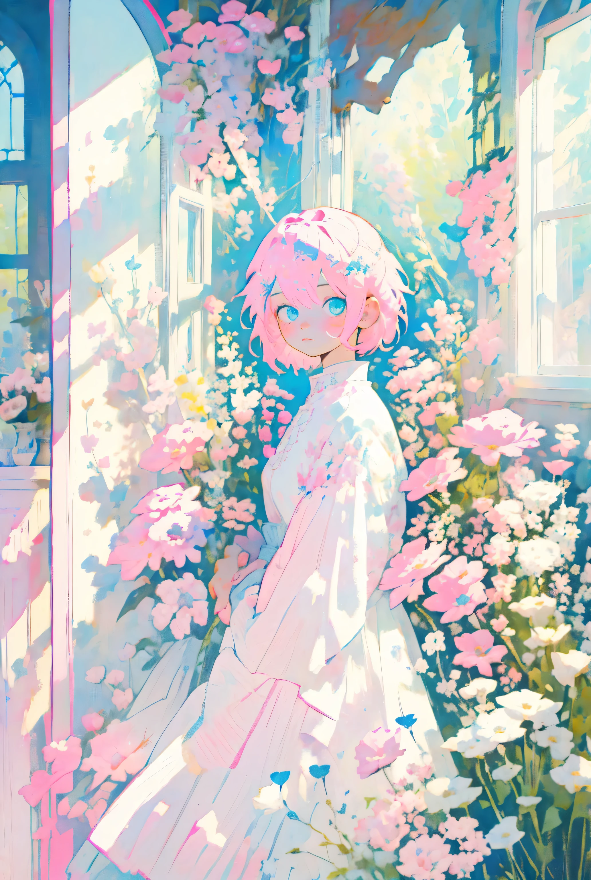 1girl,solo,(((pink short hair,blue eyes))),in the painting sits quietly by the window,Looking out at the scenery through the window,The vase next to her is filled with flowers,Add a touch of color to the whole picture,Looking at the scenery outside the window,flowers in a vase,