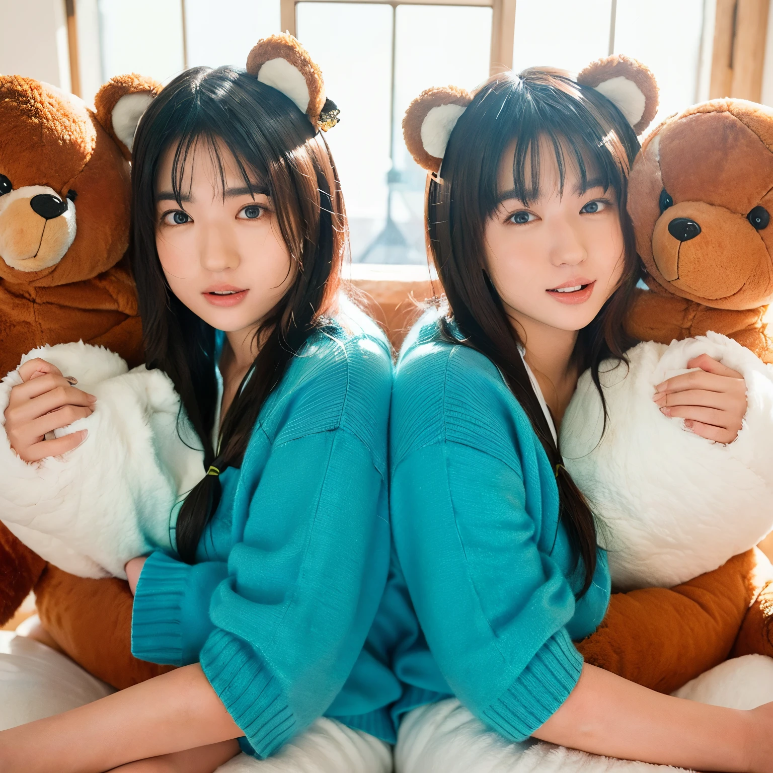 	46.	“Identical twins posing with matching bear plushies in a modern studio, with playful expressions.”