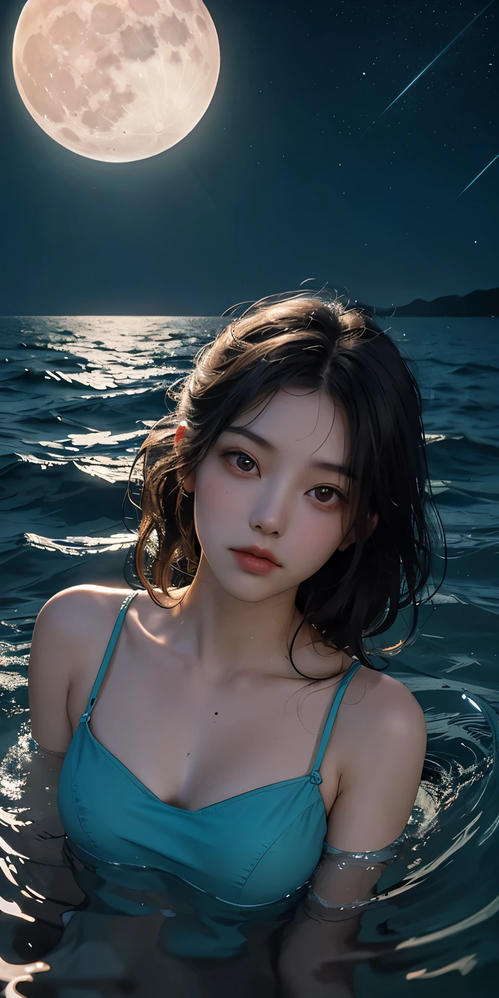 A woman swimming in the sea where bioluminescent plants shine, ((bioluminescent plants shine)), the moonlight reflected on the surface of the sea, a beautiful moon, a beautiful starry sky, beautiful face, detailed faace,