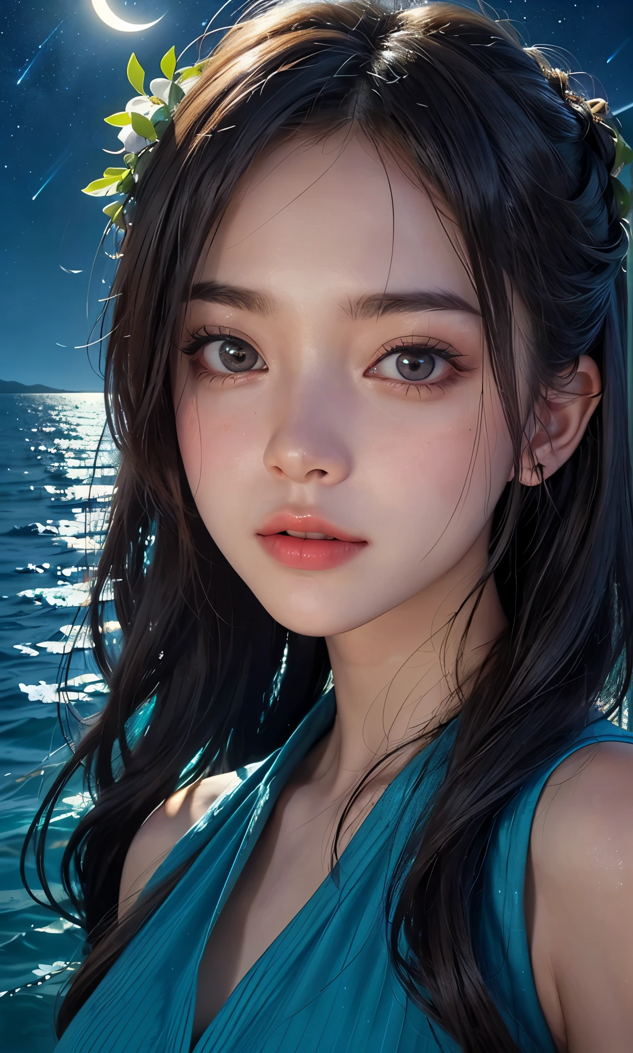 A woman swimming in the sea where bioluminescent plants shine, ((bioluminescent plants shine)), the moonlight reflected on the surface of the sea, a beautiful starry sky, beautiful face, detailed face,