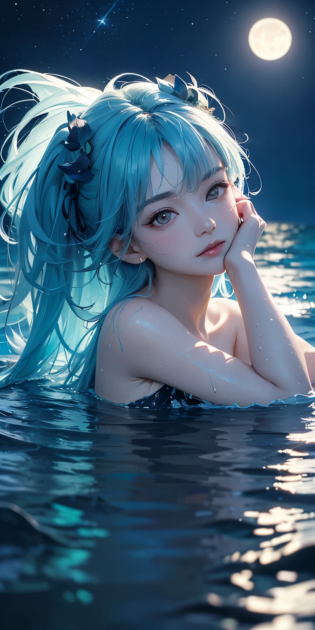 A woman swimming in the sea where bioluminescent plants shine, ((bioluminescent plants shine)), the moonlight reflected on the surface of the sea, a beautiful starry sky, beautiful face, detailed face,