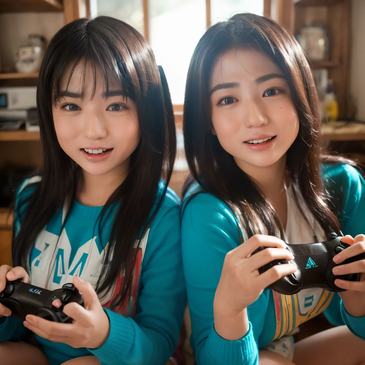 generate a beautiful chubby indonesian girl, wearing a T-shirt with a PlayStation stick on it, the girl is smiling happily. In front of the girl, you can see a man's hand trying to hold the PlayStation stick in the picture on the T-shirt