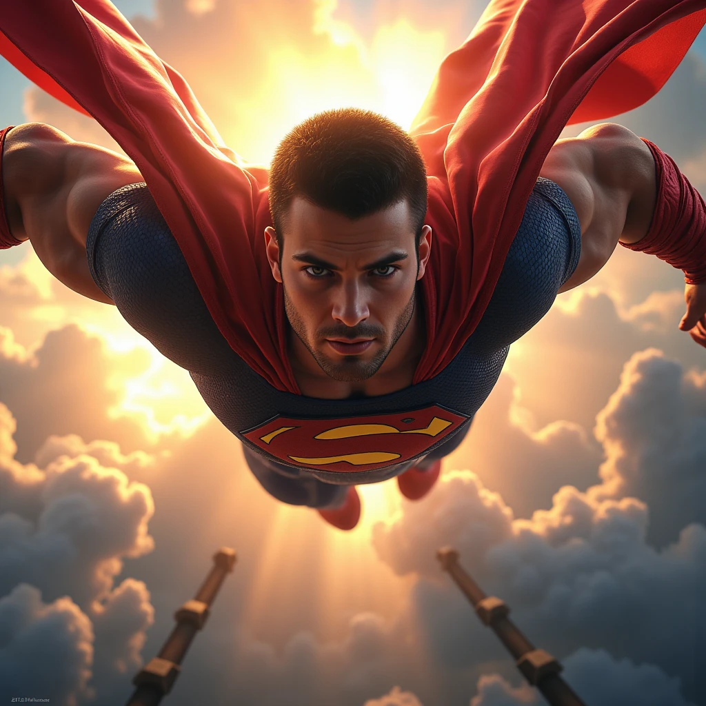 c3v4n4, A powerful superhero, muscular young male figure, short beard, intense gaze, confident smile, flying through the sky, cinematic lighting, dramatic shadows, vibrant colors, hyper-detailed, photorealistic, seamless 3D rendering, cinematic composition, heroic, epic, awe-inspiring