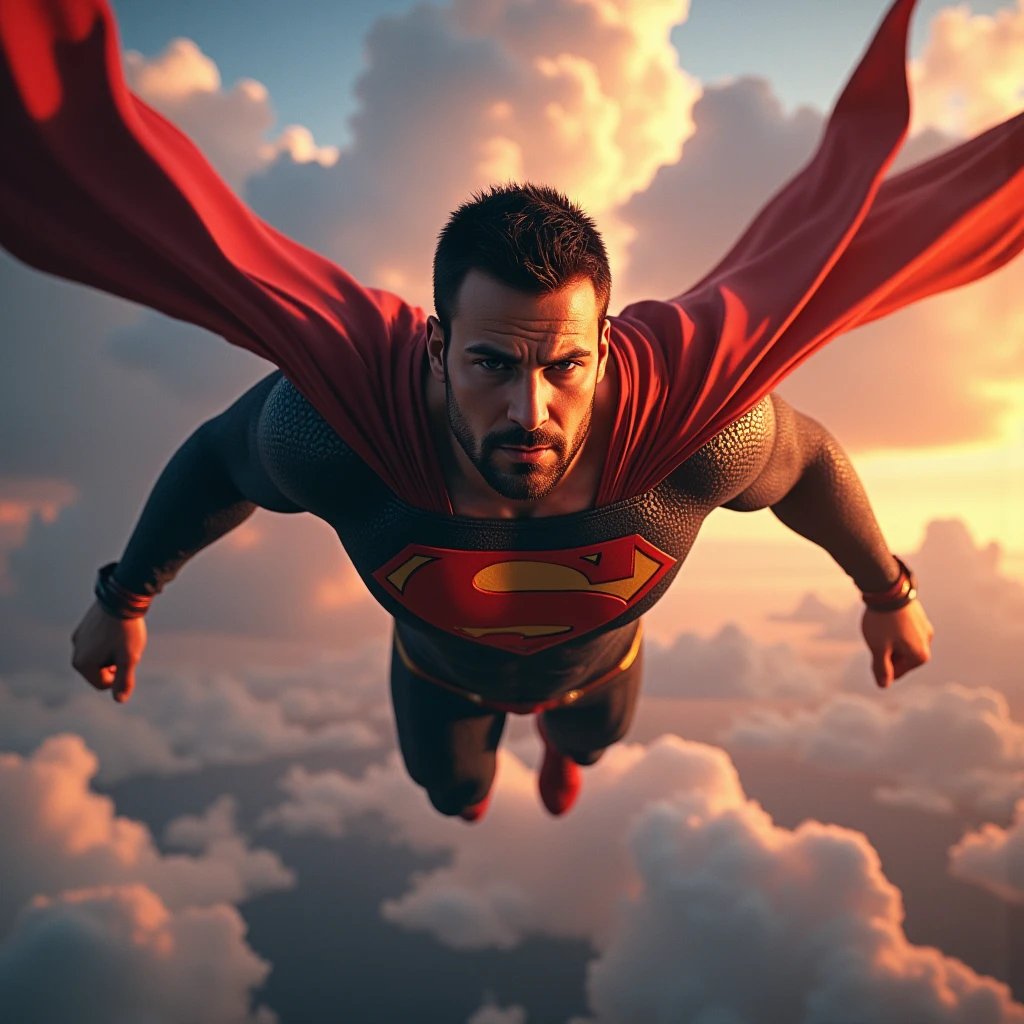 c3v4n4, A powerful superhero, muscular young male figure, short beard, intense gaze, confident smile, flying through the sky, cinematic lighting, dramatic shadows, vibrant colors, hyper-detailed, photorealistic, seamless 3D rendering, cinematic composition, heroic, epic, awe-inspiring