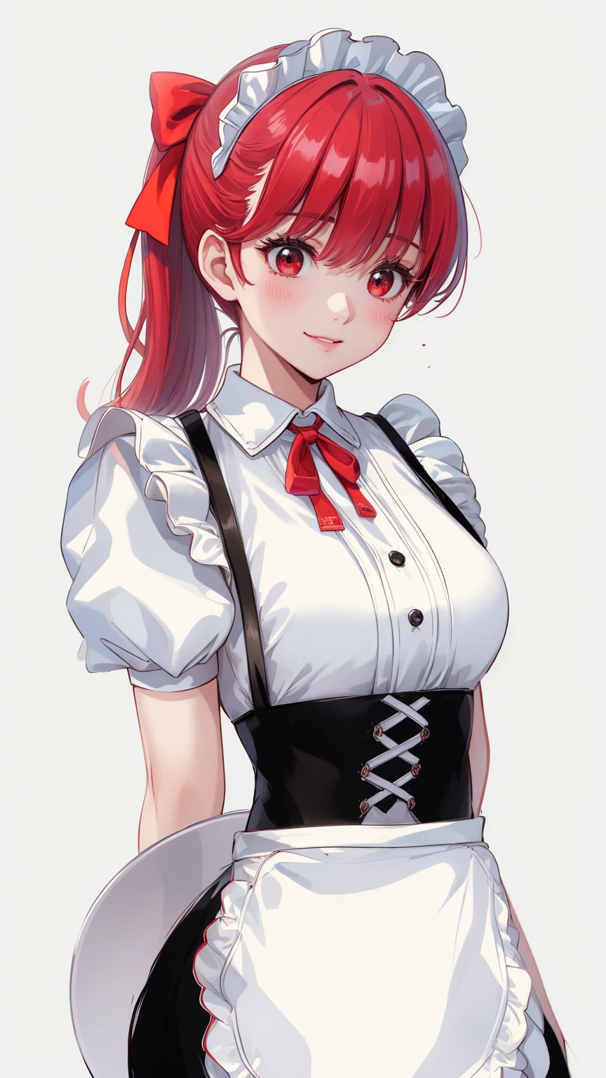 (((Don't look at the front、 Look Away:1.4))),(red hear ribbon:1.3),(((red line sports bra:1.4))),Red Hair、 medium breasts、 red eyes、bangs、(slender:1.3)、(White panties:1.3)、4K、low ponytail、 straight ponytail、sidelock very short、(forward both hands:1.3)、surprise、flipped hair、(((full back Bruma:1.4)))、ducktail、slicked back hair/combed-back hair/swept back hair、twisted bangs、Temple、cinematic lighting、blunt bangs、swept bangs、bangsぱっつん、((( maid clothes:1.4)))、Gentle smile:1.3,(((White background:1.4))),20 old year:1.4,Holding a round tray in the back,Look at the bottom right of the screen :1.3, red ribbon